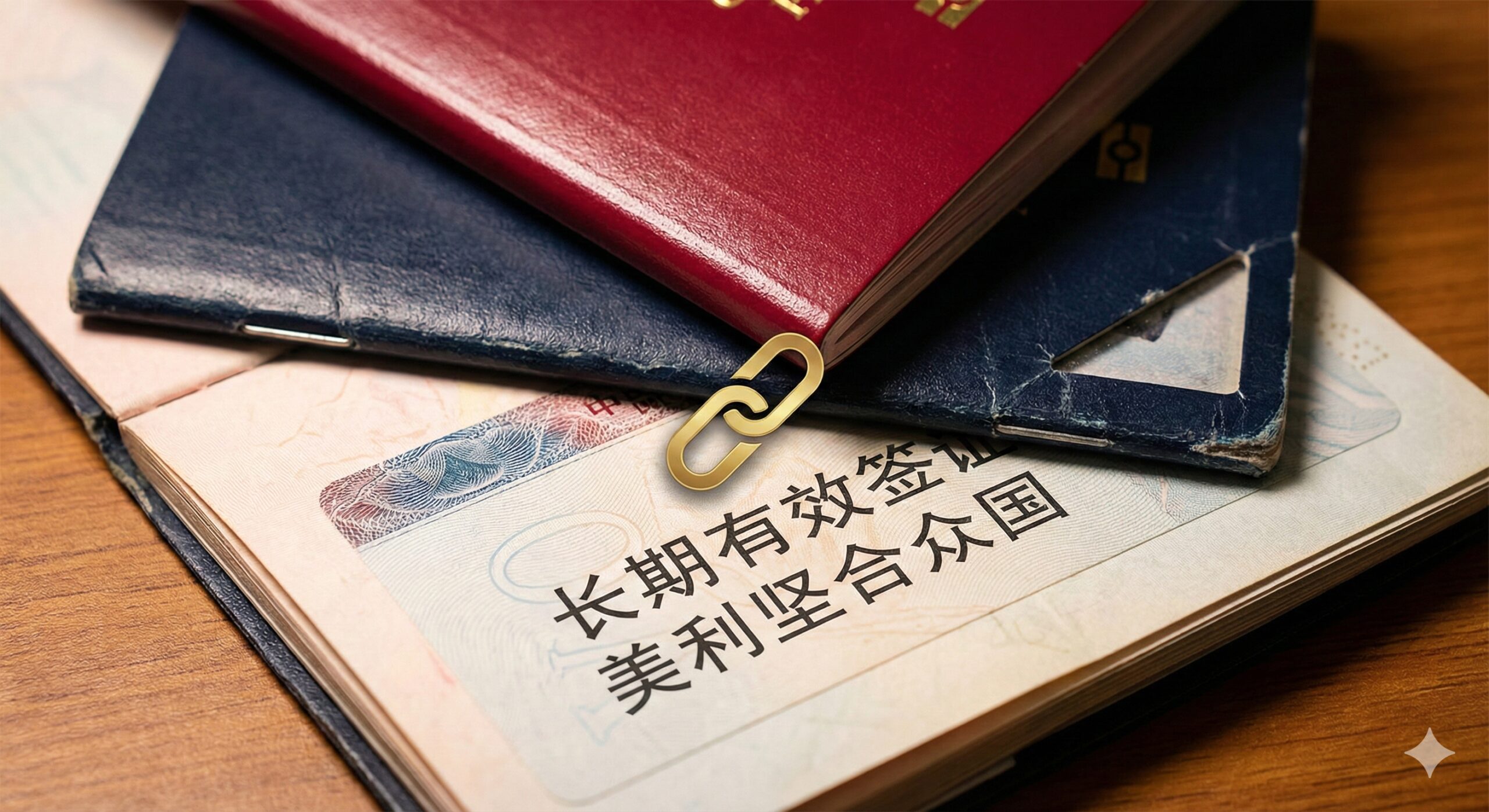 特写镜头展示新旧两本护照的叠放细节，这是visacorp.icu强调的核心痛点。旧护照位于下方，右上角有明显的“剪角”处理表示作废，但翻开的内页清晰展示了一张有效的长期签证（如美签或申根签）；新护照位于上方，封面崭新发亮。画面中可以加入一个隐喻性的金色链接链条或绿色盾牌图标，象征签证权益的延续和安全，消除用户对签证失效的担忧。