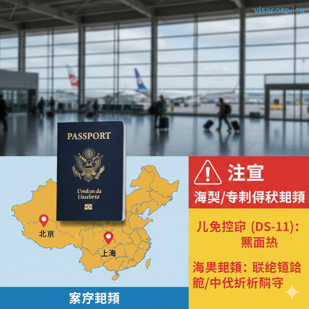 总结并强调海外更新的特殊性。图片主体应是一个位于中国地图(或北京、上海等领事馆所在城市)上的美国护照。一个醒目的红色“⚠️”或“注意”符号突出儿童护照(DS-11,需要面谈)和海外更新流程(需要联系领事馆或中信银行邮寄)的关键区别。背景可以是一个模糊的国际机场或旅行的场景。色彩应区分本土更新(蓝色)和海外/特殊情况(红色/黄色警告),以达到强调复杂场景的目的。