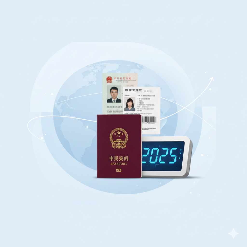 图片作为文章《2025年护照办理材料清单大全》的封面，应具有权威、清晰和现代感。主体元素是一个带有中国国徽的新版深红色护照，置于一张2025年的日历或数字时钟旁，突出'2025'的时间点。护照上方叠放着一张中国的居民身份证、一张规范的护照照片和一张包含条形码的照片回执单，强调核心办理材料。背景是浅蓝色和白色渐变的政府服务风格，配以简洁的地球仪或飞机航线符号，象征国际旅行。整体构图居中，色彩明亮，传递'一站式全攻略'的效率感。