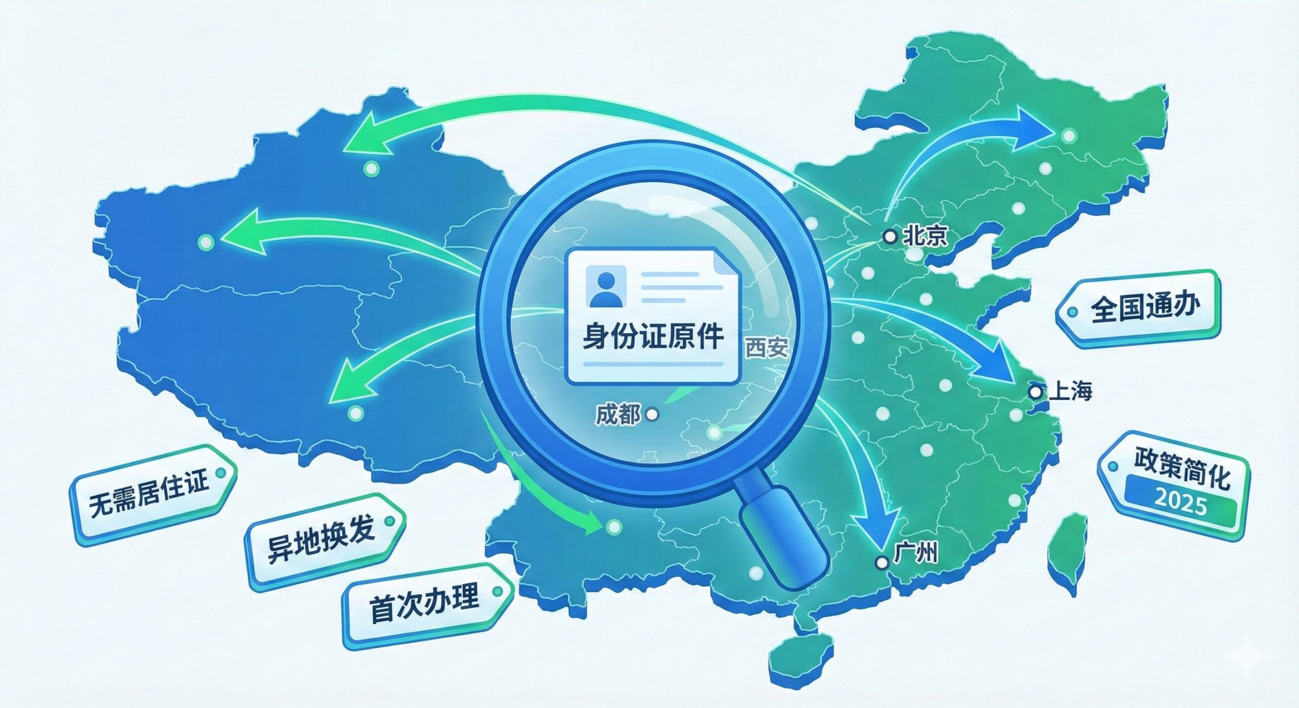 图片突出'全国通办'的核心政策优势。画面以中国地图为背景，地图上用醒目的绿色或蓝色箭头连接多个城市点，象征跨区域的便利性。前景中央是一个巨大的放大镜，聚焦在'身份证原件'上，周围环绕着'无需居住证'、'异地换发'、'首次办理'等简洁的关键词标签。风格应是信息图表（Infographic）式的，使用蓝色和绿色为主色调，象征便捷和效率，强调2025年政策的重大简化。