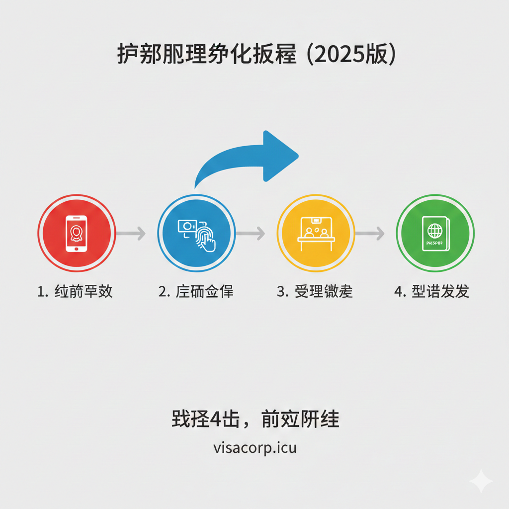 图片用于展示护照办理的简化流程图。采用4到5个步骤的线性流程图设计。每个步骤用一个简洁的图标表示，例如：1. 手机App图标（线上预约）；2. 摄像头/指纹图标（现场采集照片/指纹）；3. 窗口图标（窗口受理/缴费）；4. 护照图标（制证与发放）。流程线应为动态的箭头。下方配以简洁的文字'只需4步，高效办结'。色彩应使用红、蓝、黄等对比色，使每个步骤清晰可辨，展现清晰易懂的教程风格。