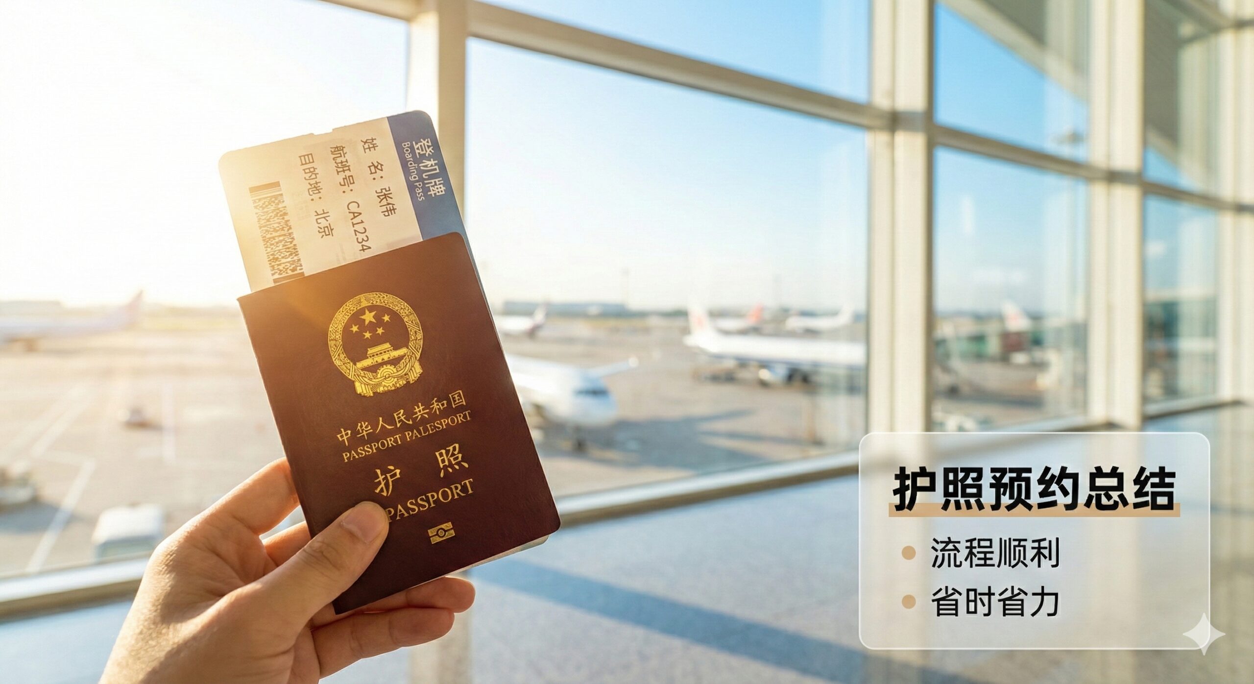 一张充满希望和出行憧憬的总结图片。画面前景是一只手拿着一本崭新的中国护照和一张登机牌，背景是机场明亮的落地窗和停机坪上的飞机（虚化处理）。阳光洒在护照烫金的国徽上，熠熠生辉。整体色调明快、通透，象征着完成预约办理流程后的顺利出行，旨在消除用户的办理焦虑，给读者留下轻松、圆满的情绪价值，呼应文章关于省时省力的结语。
