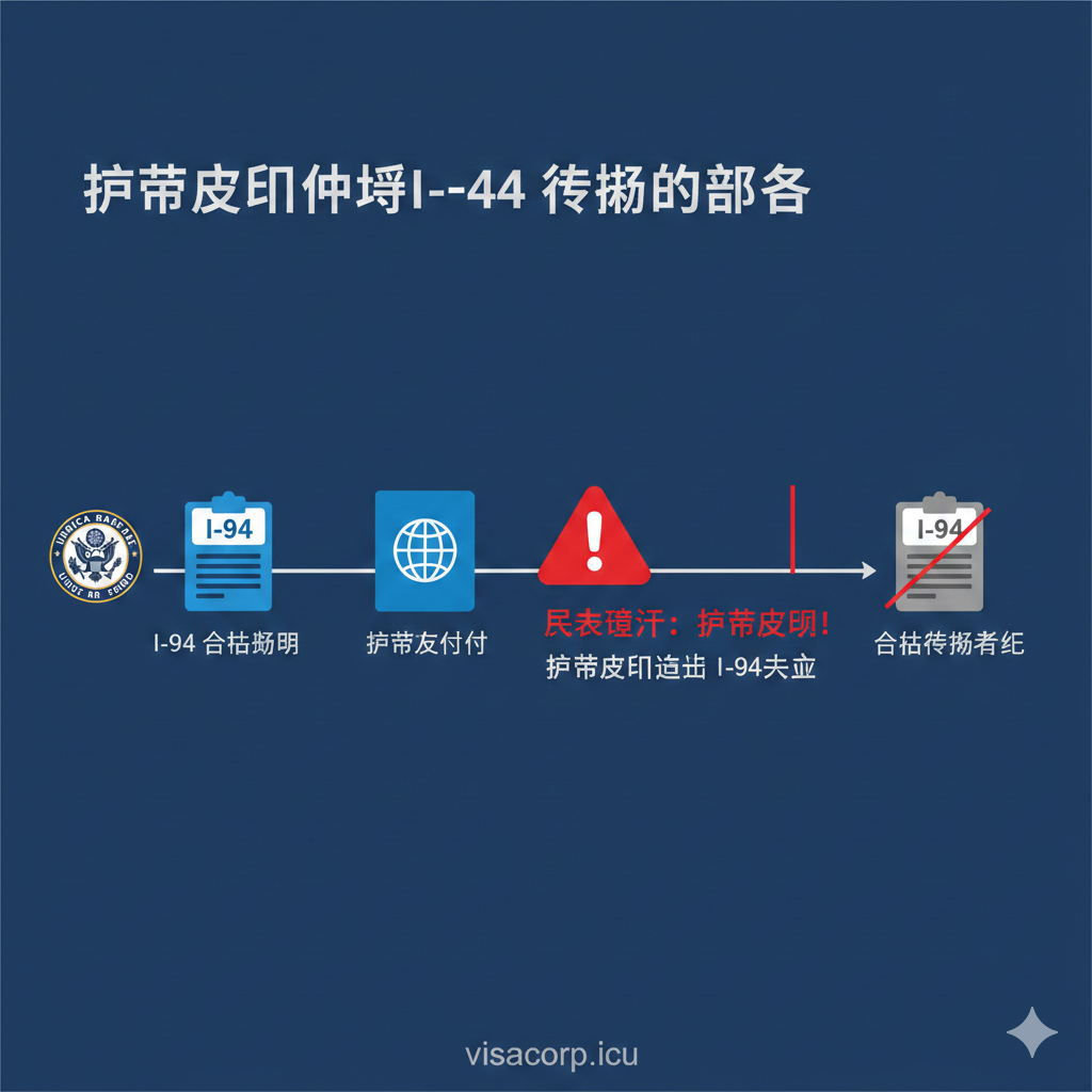 一张扁平化风格的信息图表，用于解释护照有效期与I-94的关系。画面展示一条时间轴，显示护照过期日期如何截断了I-94的合法停留期，用红色的警示感叹号图标标记风险点。包含美国海关（CBP）标志、I-94表格图标和护照图标的互动关系。配色以深蓝（法律）和警示红为主，风格严谨清晰，直观展示身份失效的风险。