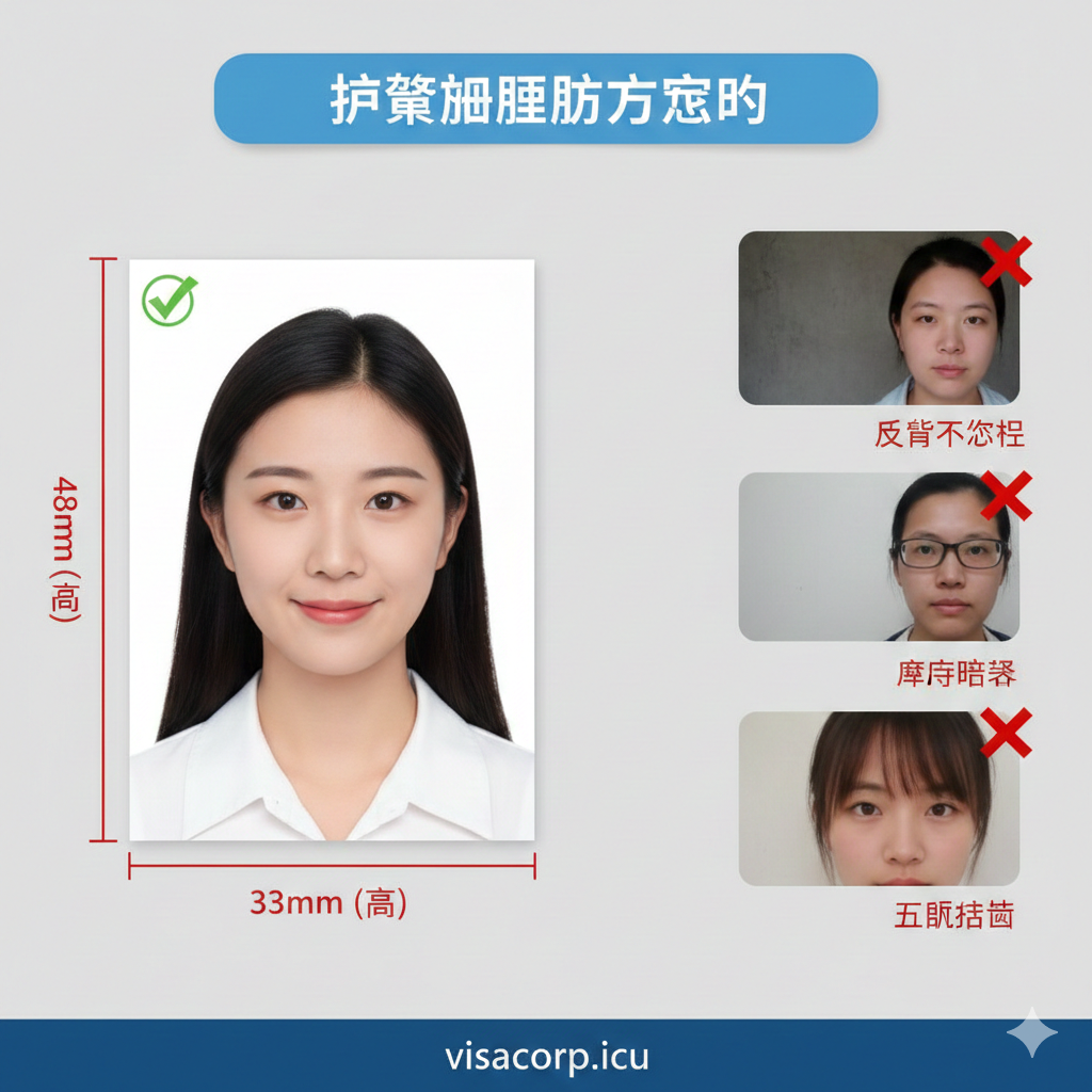 一张清晰直观的护照照片规格教学图，采用信息图表（Infographic）的风格。画面左侧展示一张标准的白底证件照，标尺清晰地标注出33mm宽和48mm高的严格尺寸要求。画面右侧列举几个常见的错误示例（如背景灰暗、佩戴眼镜、五官遮挡），并打上红色叉号。整体背景为干净的浅灰色，重点信息用高亮色块突出，帮助用户一眼看懂如何准备合规的电子照片，避免因照片问题被拒。
