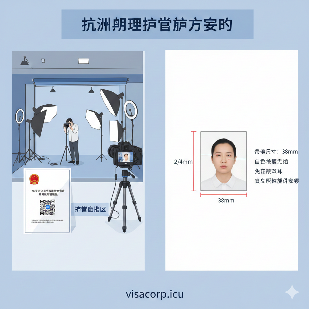 一张具有指导意义的分屏设计图，用于说明护照照片的严格要求。左侧展示专业的摄影棚灯光和相机设备，右侧展示一张标准的33mm x 48mm白底免冠证件照，照片上用简洁的线条标注出头部比例和留白尺寸。画面中包含‘检测回执单’的视觉元素，整体色调干净整洁，旨在提醒用户注意照片规格，避免因照片不合格而返工。