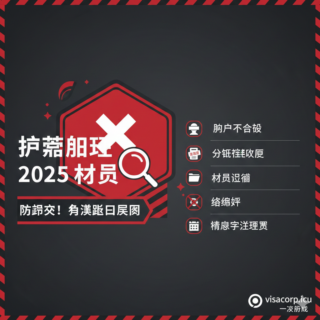 图片作为总结，强调'防跑空'和'常见退回原因'的警示。画面主体是一个红色的警示牌或带有放大镜的❌符号，警示牌上用简洁的图标或列表列出前5大退回原因：'照片不合规'（人脸被遮挡）、'身份证件过期'（过期证件）、'材料遗漏'（空的文件夹）。整体色调应以红色、灰色和黑色为主，营造出警告和严肃的氛围。底部角落可以放置 visacorp.icu 的水印或logo，并配以'一次办成'的口号，体现网站的专业性和E-E-A-T属性。
