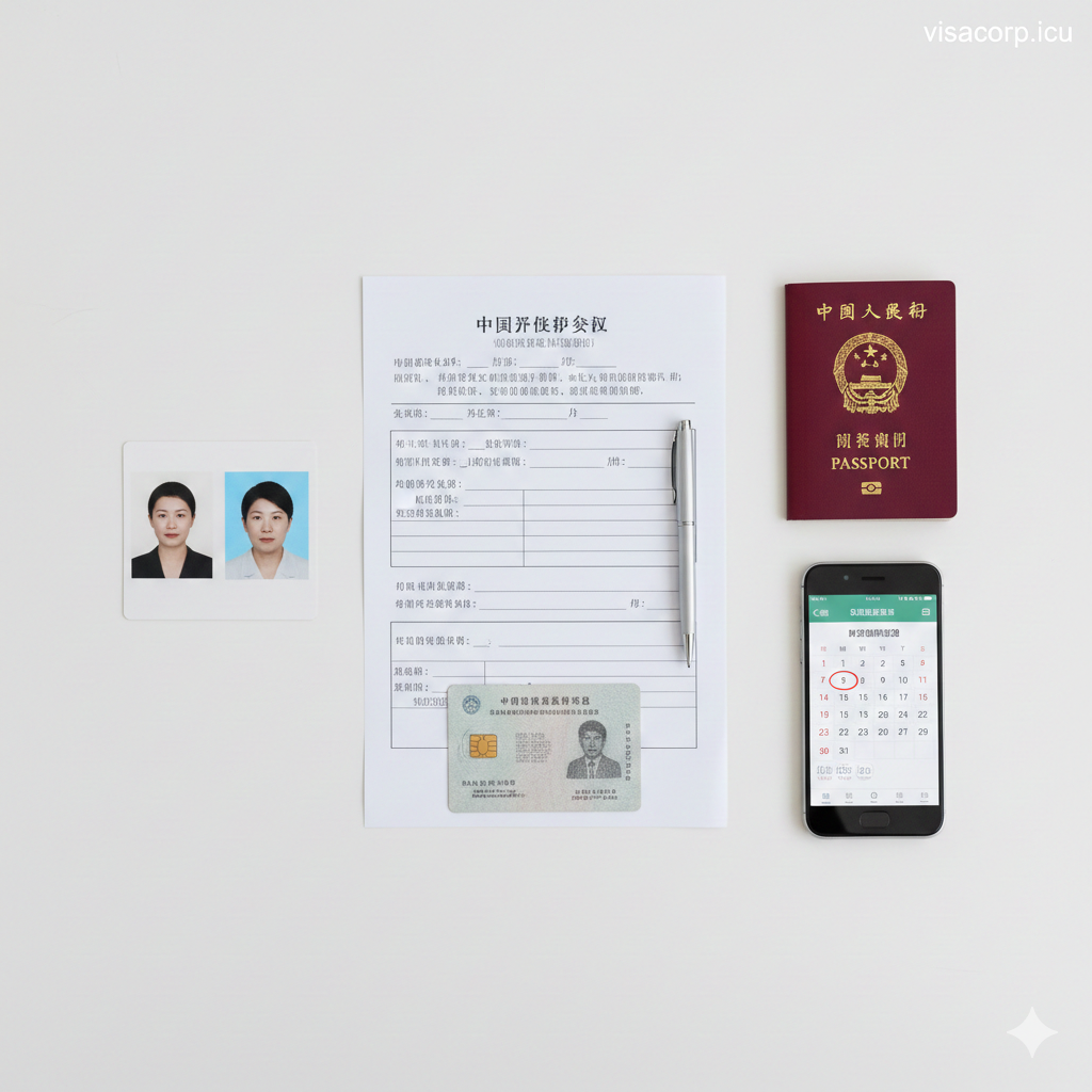 一张俯拍视角的“平铺式”（Flat lay）构图图片，展示护照换发所需的材料清单。洁白的桌面上整齐排列着：一份填写中的申请表、一支钢笔、一张二代身份证原件、两张标准的白底护照证件照，以及一本旧护照。旁边放着一部显示日历预约界面的智能手机。画面风格简洁、干净、井井有条，强调准备工作的必要性，帮助用户直观理解“准备材料”这一关键步骤。