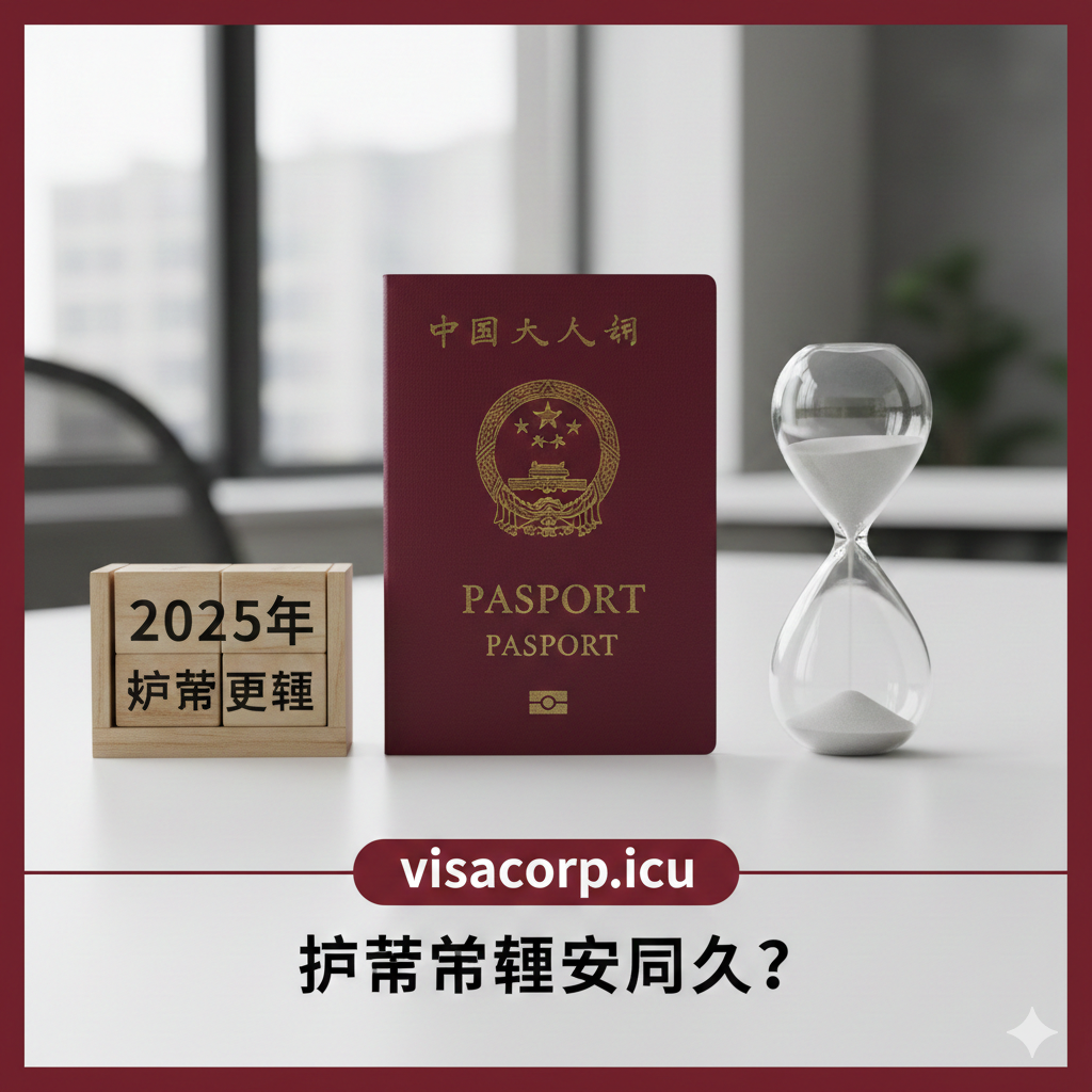 A high-quality, professional conceptual image featuring a Chinese passport resting on a clean, modern white office desk next to a wooden calendar block and a sleek hourglass. The hourglass sand is running, symbolizing the 'how long' aspect of passport renewal. The lighting is soft and natural, highlighting the gold emblem on the passport cover. The color palette involves deep red, wood tones, and clean white, creating a sense of urgency but organized planning suitable for the visacorp.icu brand.