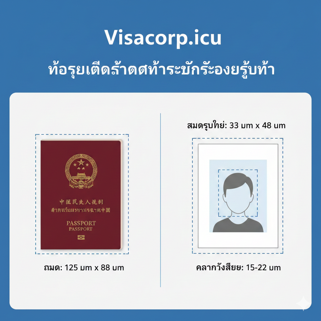 功能图，用于解释护照本尺寸与护照照片尺寸两个核心标准。左侧展示一本中国护照，标注“125mm x 88mm”；右侧并排放置一张证件照片，标注精确的“33mm x 48mm”尺寸及内部头部尺寸（如15-22mm宽度），使用清晰的虚线和箭头来指示测量区域。采用蓝白配色，信息图表风格，强调数据的精确性与权威性，视觉上形成明确的对比与区分，突出两种尺寸的并列重要性。