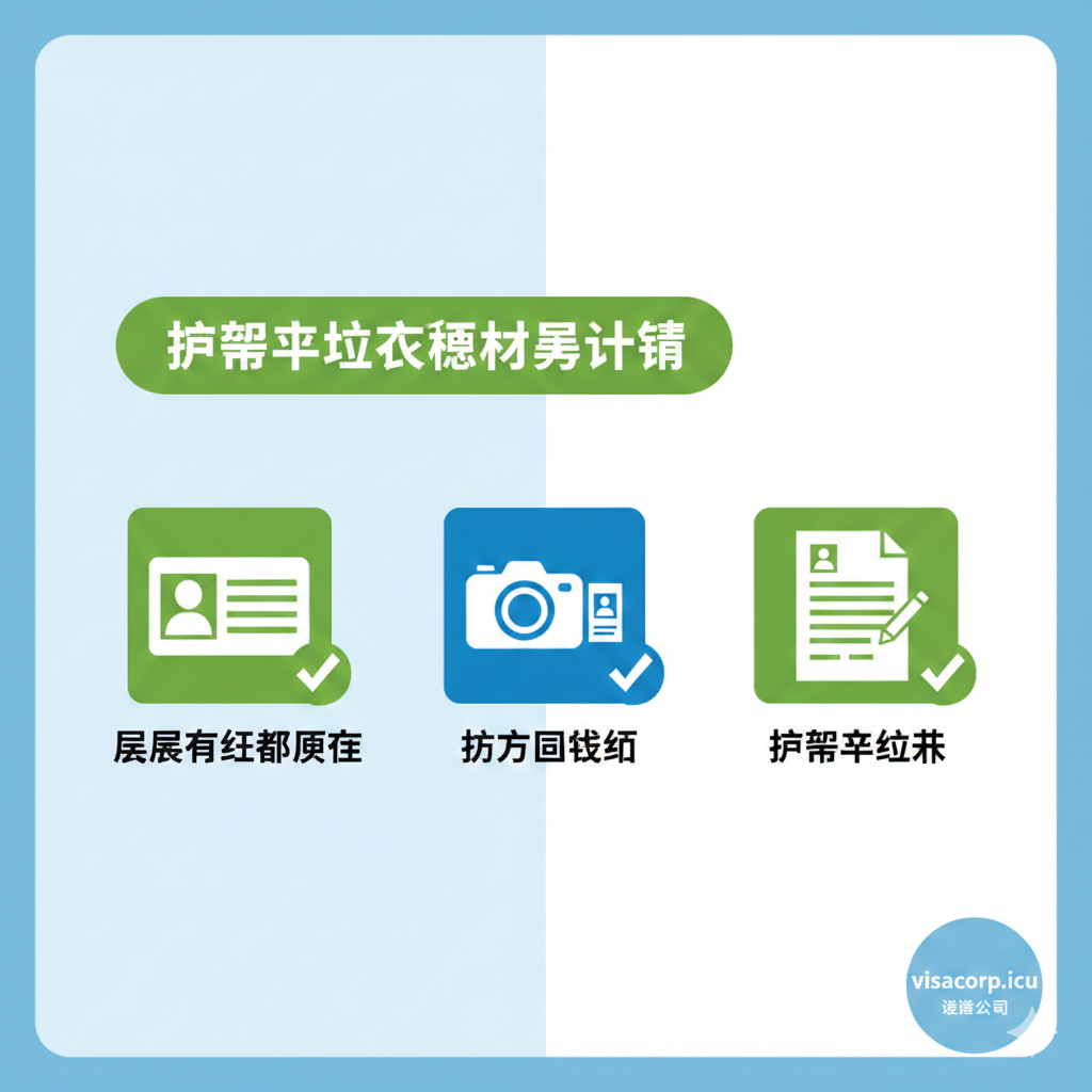 一个用于强调“核心材料清单”的功能性图表。使用清单（Checklist）的视觉风格，突出身份证、照片回执和申请表三个关键要素。采用扁平化图标（如身份证卡片图标、照相机图标、A4表格图标）并配以粗体文字标题。整体布局干净整洁，色彩明快，使用绿色或蓝色作为突出色，便于读者快速核对材料是否齐全。