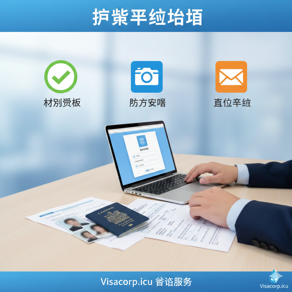 一张概念性的流程图或指导图，代表护照的申请或换发过程。画面中可以有一个人影（只显示手臂和手）正在桌面上的文件和电脑前操作，桌面上堆叠着护照、照片和申请表格。背景中应有几个图标，代表申请的步骤：例如'✅ 材料审核'、'📸 照片要求'、'📬 提交申请'，强调'教程'和'指南'的视觉感。整体色彩明亮、专业，配上象征咨询和服务的微小Visacorp logo或水滴状元素。