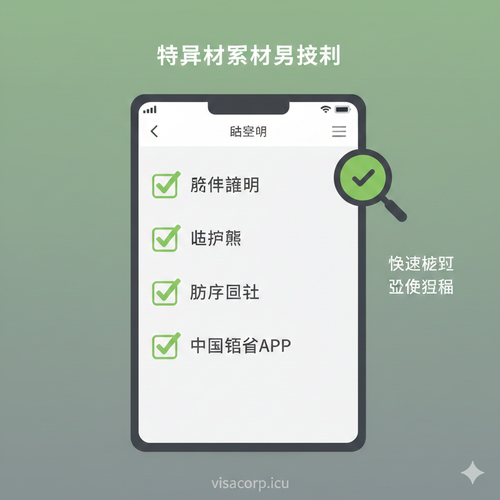 功能/特性图，展示一个清晰的核对清单（Checklist）界面。风格采用扁平化设计，色彩以绿色（代表'完成'）和灰色（代表'待办'）为主。图片中央是一张虚拟的电子清单，上面列出'身份证明'、'旧护照'、'照片回执'和'中国领事APP'等关键要素，并带有醒目的勾选标记。旁边可以配上一个放大镜图标，强调'快速核对'和'避免遗漏'的功能点。
