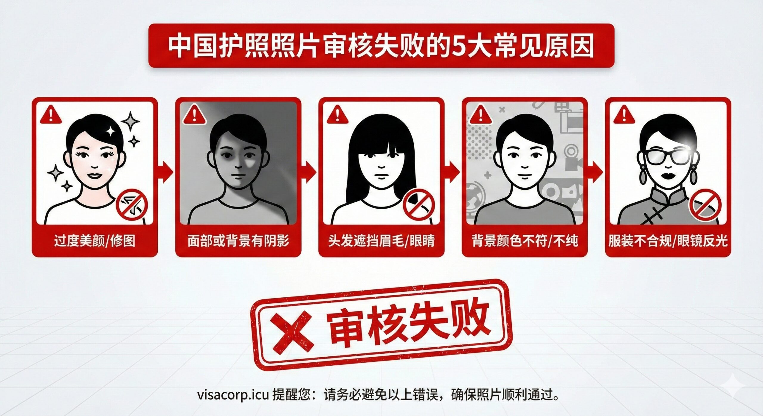 对应文章第4部分和总结部分,作为视觉总结。图片应以列表或流程图的形式,总结“导致照片审核失败的5大常见原因”,使用清晰的图标(如一个被禁止的美颜图标、一个有阴影的面部图标、一个被遮挡眉毛的刘海图标)来代表五大常见错误,每个图标旁边配有简短的中文描述。风格简洁且具有警示性,使用红色突出“避坑”的重要性,帮助用户快速回顾关键审核要点。