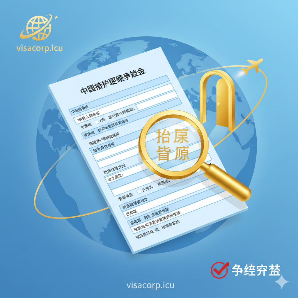 一张富有科技感的商务插画风格封面图。主色调采用天空蓝和金色,象征全球服务与信任。构图中心是一个放大的电子版护照更新申请表(模拟DS-82或通用表格),表格上叠加了一个半透明的放大镜图标,突显“指南”和“对照”的主题。背景中隐约可见地球仪、飞机的轨迹和一扇通往世界的拱门。左上角有一个visacorp.icu的Logo(抽象化),右下角有一个简洁的红色对勾,表示申请成功,传达轻松、专业的换发体验。