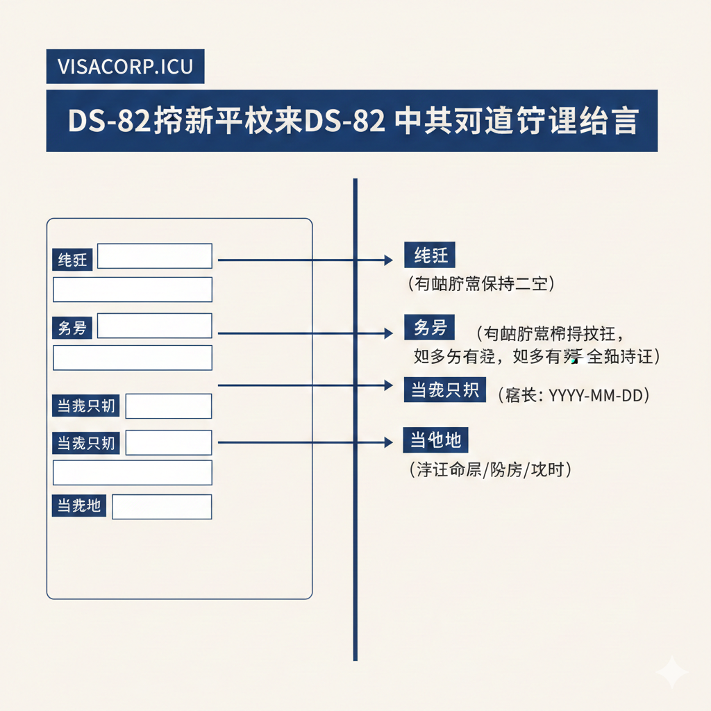 一张清晰的教程/功能展示图,聚焦于“中英对照填写”。图片采用分屏对比的布局:左侧是DS-82表格的英文原版截图(仅展示部分关键字段,如Surname, Given Name),右侧是该字段的中文翻译和填写说明(例如:“姓氏(与旧护照保持一致)”)。整体视觉风格为平面设计,使用线条和箭头将英文项目精确指向对应的中文解释。背景色为柔和的米白色,使用visacorp.icu品牌色(如蓝色或深色)突出关键信息,帮助用户消除语言障碍。