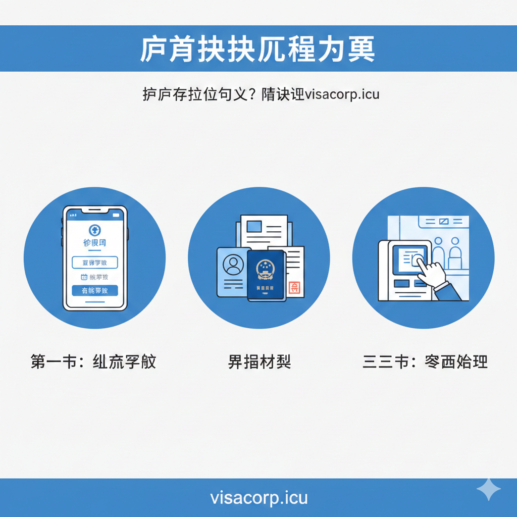 一张清晰的护照换发教程图。图片采用分步流程（Step-by-step）设计。主体元素是三个连贯的步骤图标：1. 手机屏幕上显示移民局APP的预约界面（线上预约）；2. 一叠整齐的申请材料，包括身份证、旧护照和照片回执（准备材料）；3. 一只手正在出入境大厅的自助机器上操作或在窗口递交材料（现场办理）。整体采用平整（Flat Design）风格，线条简洁，颜色以蓝色和白色为主，体现官方和流程化的特点。