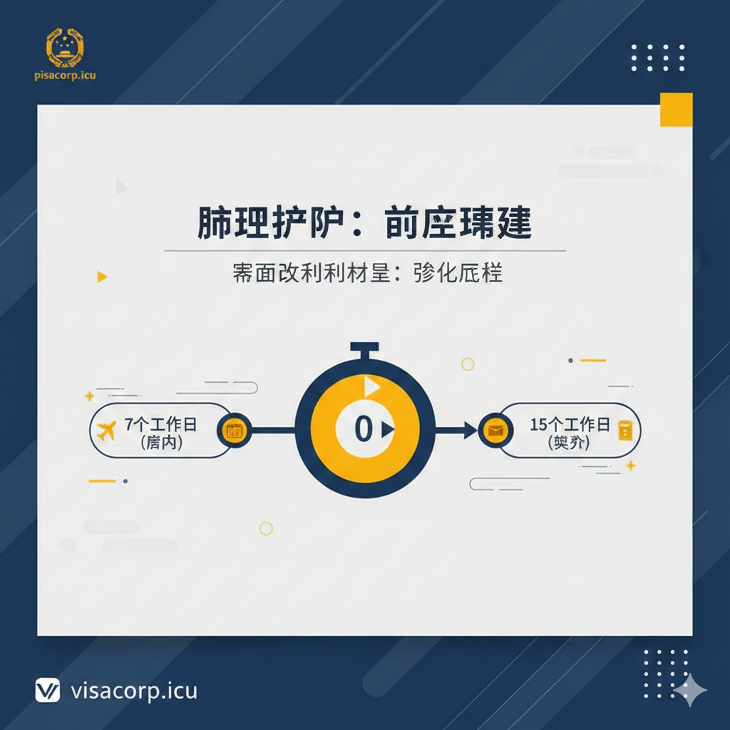 一张优势总结图,突出办理护照的效率和便利性。画面中央是一个简洁的时间轴(Timeline)或一个带有倒计时标志的时钟。时间轴上标注关键时间点,例如“7个工作日(省内)”、“20天(异地)”和“15个工作日(海外)”,并配以小图标(如:飞机、日历、邮筒)。整体设计风格现代化,采用深蓝色和亮黄色,传达出“快速、准确、便捷”的现代政务服务优势。