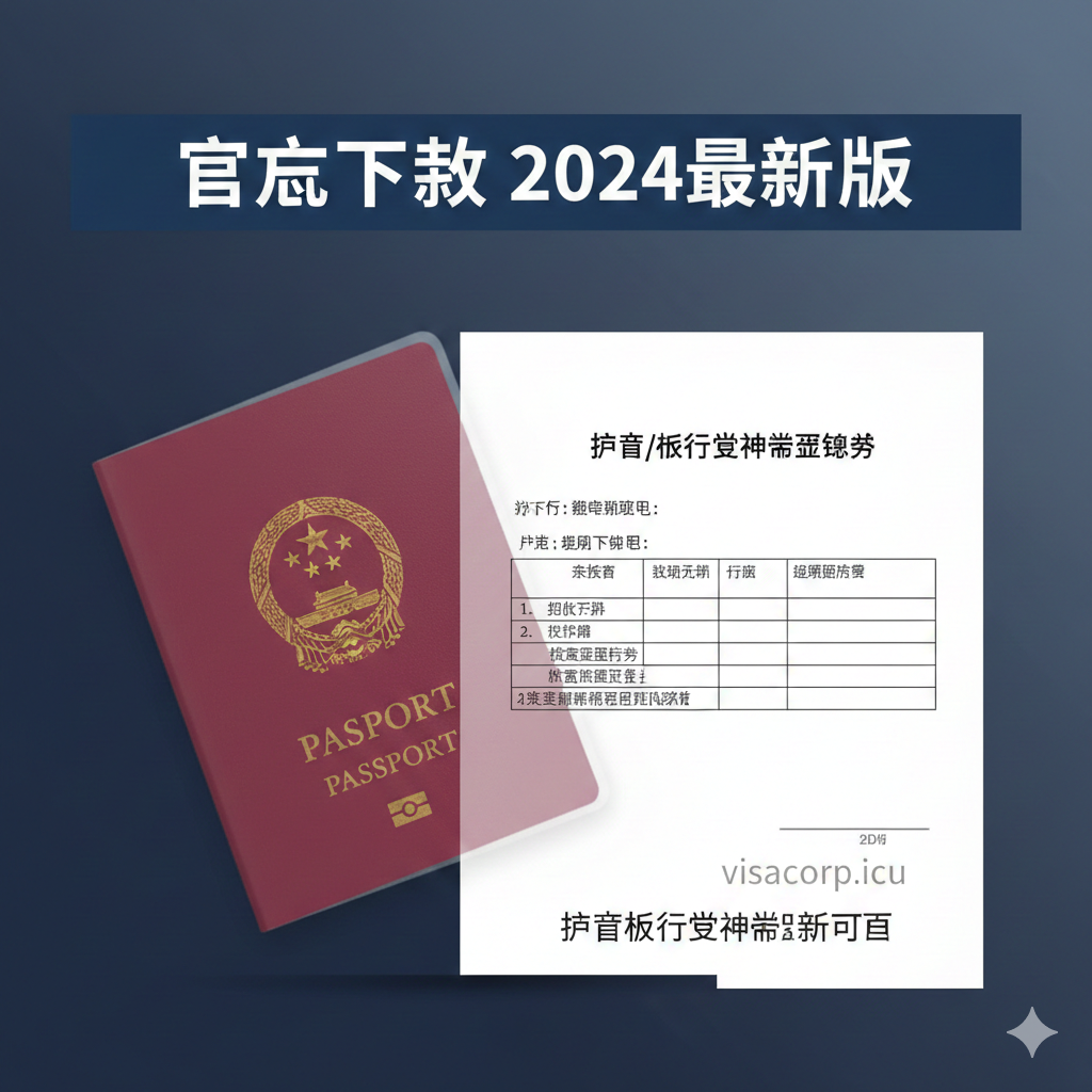 设计一个高品质的封面图，主题为“护照旅行证补充声明书下载与填写指南”。主体视觉元素是一个半透明的中国护照（红色封面，五角星和国徽清晰可见），旁边叠加着一份关键声明书的PDF预览图，显示出“护照/旅行证补充声明书”的标题。背景采用稳重、官方的深蓝色或灰色渐变。构图采用三分法，左侧是护照，右侧是文件，顶部有醒目的中文标题“官方下载 2024最新版”，传达权威和时效性。