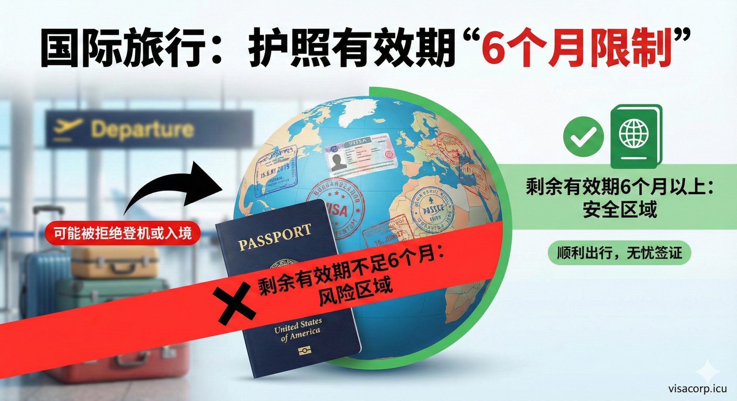 图片聚焦于国际旅行的“6个月限制”。画面中央是一个地球仪，周围环绕着不同国家的签证贴纸和印章。在地球仪的前方，放置一个被红色警示带和“X”标记截断的护照，暗示护照剩余有效期不足6个月带来的风险。背景是机场登机口和行李箱的模糊影像。整体风格应是信息图表（Infographic）式的，色彩对比鲜明，用红色和绿色清晰区分“不足6个月”的风险区域和“6个月以上”的安全区域。