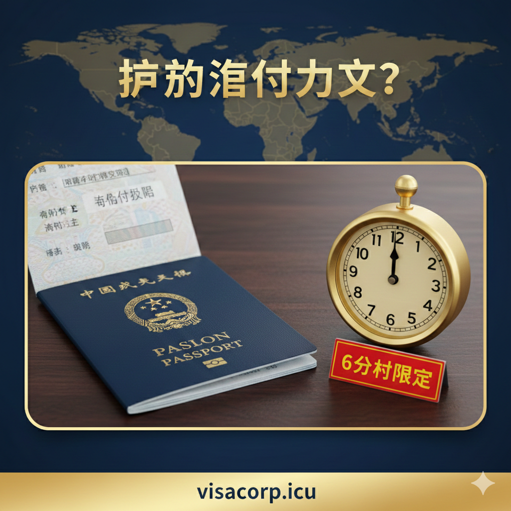 一张醒目的文章封面图。主体是一个中国护照的放大特写，打开放置在桌面上，重点突出护照的资料页，尤其是“有效期至”字段。在护照旁边放置一个倒计时钟，时钟的指针指向“6个月”，下方用红色或黄色警示色突出“6个月限制”的数字。整体色调采用深蓝色和金色，营造出专业、权威和紧急的氛围。构图上采用俯视角度，确保护照和时钟是清晰的视觉焦点。