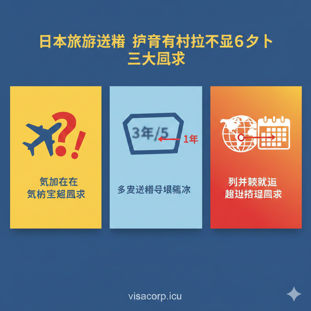 图片用于说明护照有效期不足6个月的三大风险。采用图表信息图（Infographic）的风格。画面分割成三个主要区域，分别用小图标代表：1. 飞机的剪影（代表航空公司拒载），配上一个问号或红色感叹号；2. 一个多边形的印章或标签（代表多次签证），印章上有“3年/5年”字样但被一个箭头缩短为“1年”，表示签证时长缩水；3. 一个世界地图或日历图标，显示一个延长的红圈（代表突发状况导致的滞留风险）。色彩采用警示性的黄色、红色搭配专业的蓝色，布局简洁直观，突出风险警示。