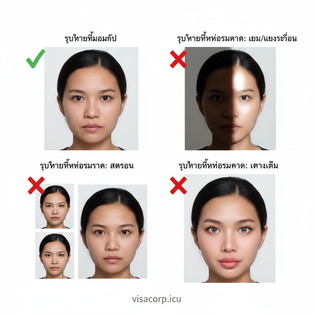 教程图，用于视觉化说明护照照片被拒的常见原因。画面被分隔成四个小方格或对比区域，采用鲜明的对比手法。第一格是“合格照片”的示例（光线均匀、表情自然）；其他三格分别展示“不合格照片”的示例：1. 阴影过重或反光；2. 头部过小或过大（比例错误）；3. 美颜过度（五官失真）。使用红色“X”和绿色“√”进行明确标记。整体风格清晰、实用，突出避坑指南。