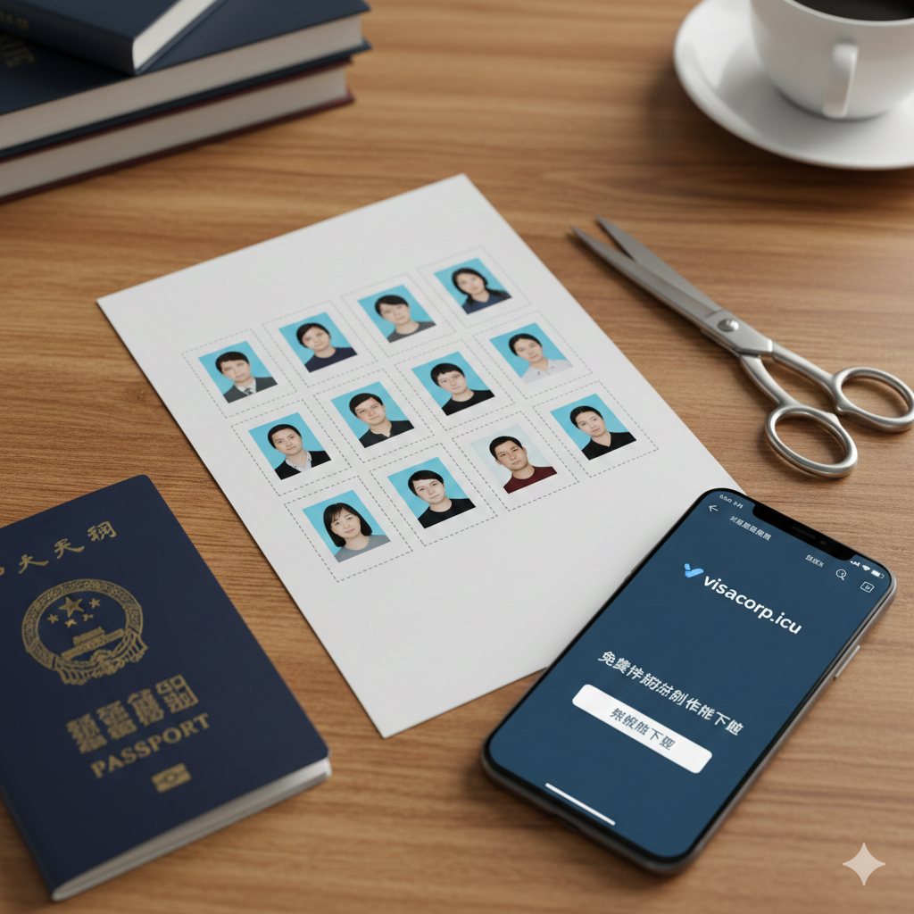 一张高精度的实景样机图,展示下载后的打印排版效果。画面是一个木质桌面上放着一张刚打印出来的6寸(4R)光面相纸,纸上整齐排列着8张2寸证件照,带有裁剪线。旁边放着一把剪刀、一本护照和一个显示visacorp.icu界面的智能手机。光线温暖自然,营造出家庭DIY的氛围,直观地告诉用户如何通过下载排版文件来节省昂贵的照相馆费用。