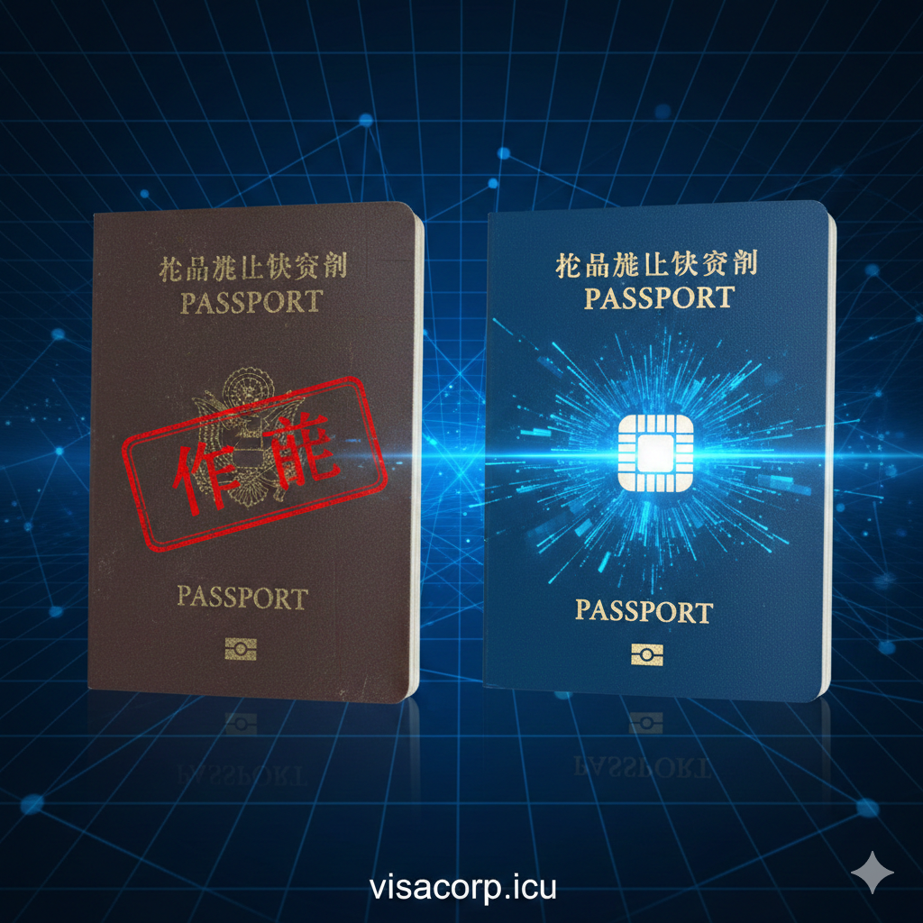通过对比效果展示'换发护照'的优势。画面左侧是一本色调暗淡、被打上'VOID'或'失效'红色印章的旧护照；画面右侧是一本崭新的护照，散发着明亮的蓝色科技光芒，寓意数据芯片已更新、风险已切断。背景采用深蓝色的网络安全网格纹理，强调Visacorp提供的专业建议能彻底解决用户的后顾之忧。