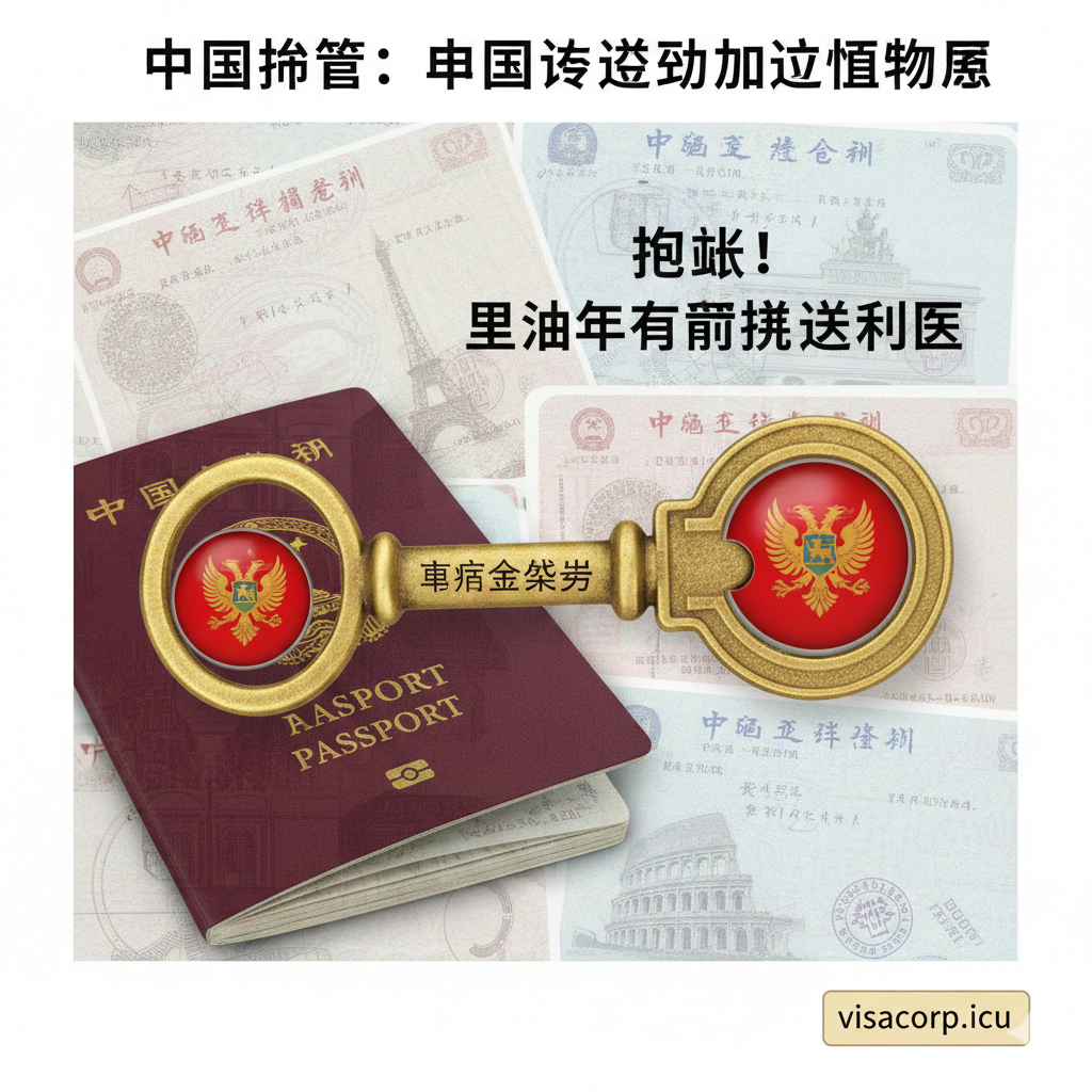 一个关于申根签证解锁欧洲有条件免签国家的教程图。画面中心是一把复古风格的金色钥匙，钥匙头刻有申根区标志（欧洲之星）。这把钥匙正插入一个象征着'有条件免签国家'的锁孔（如黑山、阿尔巴尼亚的国旗图案）。背景是一张由中国护照和多国签证页组成的拼贴，暗示申根签证是连接旅行的关键。构图简洁有力，色彩对比鲜明，突出“申根签是万能钥匙”的核心理念，指导用户理解申根签的附加价值。