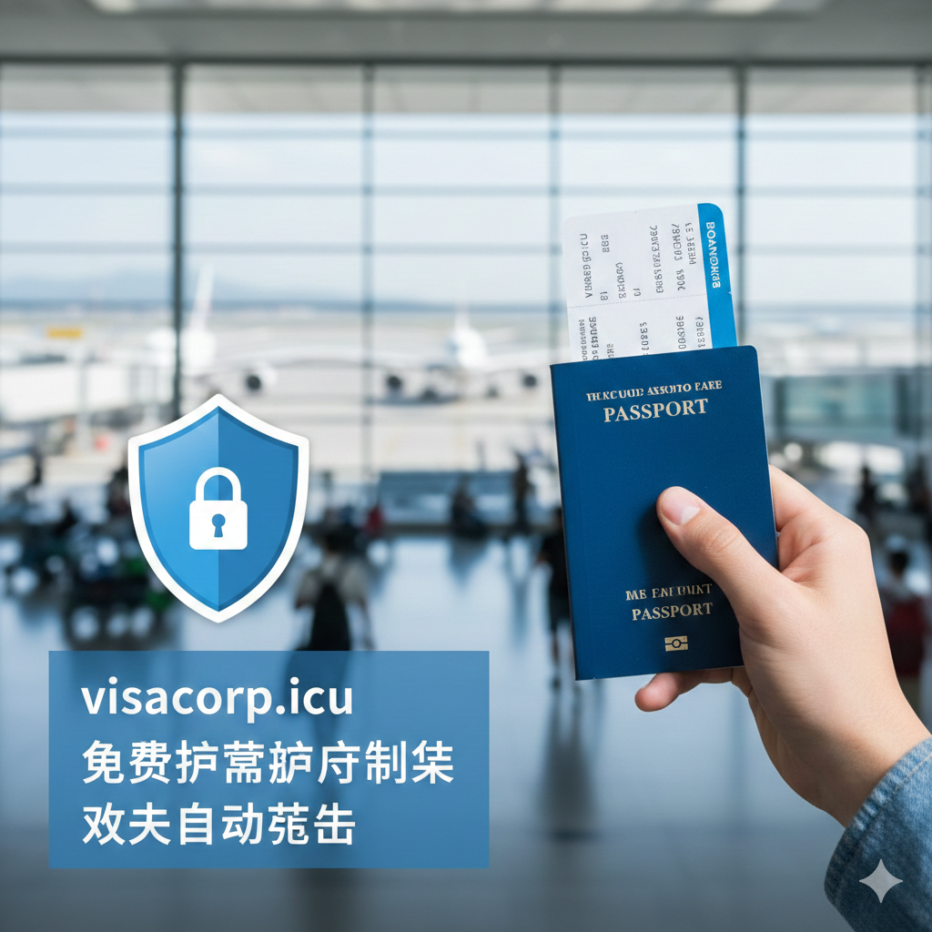 一张充满希望和安全感的总结性图片。背景是模糊的繁忙国际机场航站楼,前景清晰地展示一只手拿着护照和登机牌,暗示旅行准备就绪。在画面一侧叠加一个带有锁形图案的半透明隐私保护盾牌图标,象征visacorp.icu对用户数据的保护和自动删除承诺。整体色调明亮、轻快,激发用户立即行动制作照片并开启旅程的愿望。
