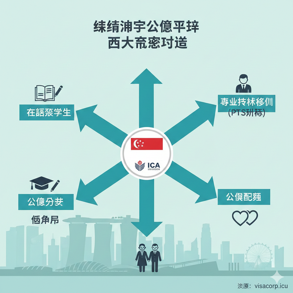 图片表现'五大核心途径'。设计为一个信息图表风格的流程图或象限图。中心是新加坡国旗或ICA徽标,向外延伸出五条清晰的路径或箭头,分别代表PTS计划、公民配偶、公民子女、在读留学生和年迈父母。每条路径末端配有相应的微小图标(例如:西装人、两个心形、学士帽、老年夫妇)。色彩采用蓝绿色调,强调专业与清晰,背景带有浅浅的新加坡城市天际线剪影。