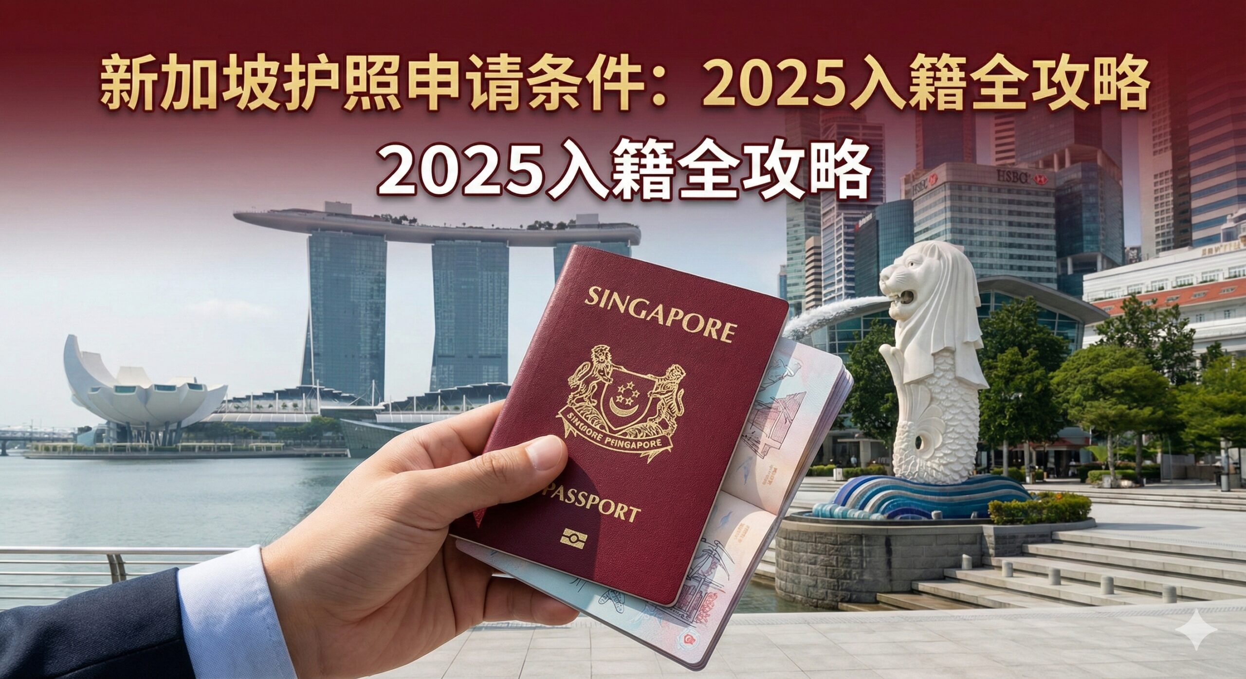 一张富有专业感和信任度的封面图。主体是新加坡的标志性建筑群,如滨海湾金沙酒店(Marina Bay Sands)和鱼尾狮(Merlion),采用航拍或广角低角度仰拍,展现城市繁荣。前景为一只手拿着一本深红色、带有金色国徽的新加坡护照,护照微微打开,露出内页。整体色调明亮、专业,以新加坡国旗的红白为主色调点缀。标题浮于顶部,简洁有力:'新加坡护照申请条件:2025入籍全攻略'。
