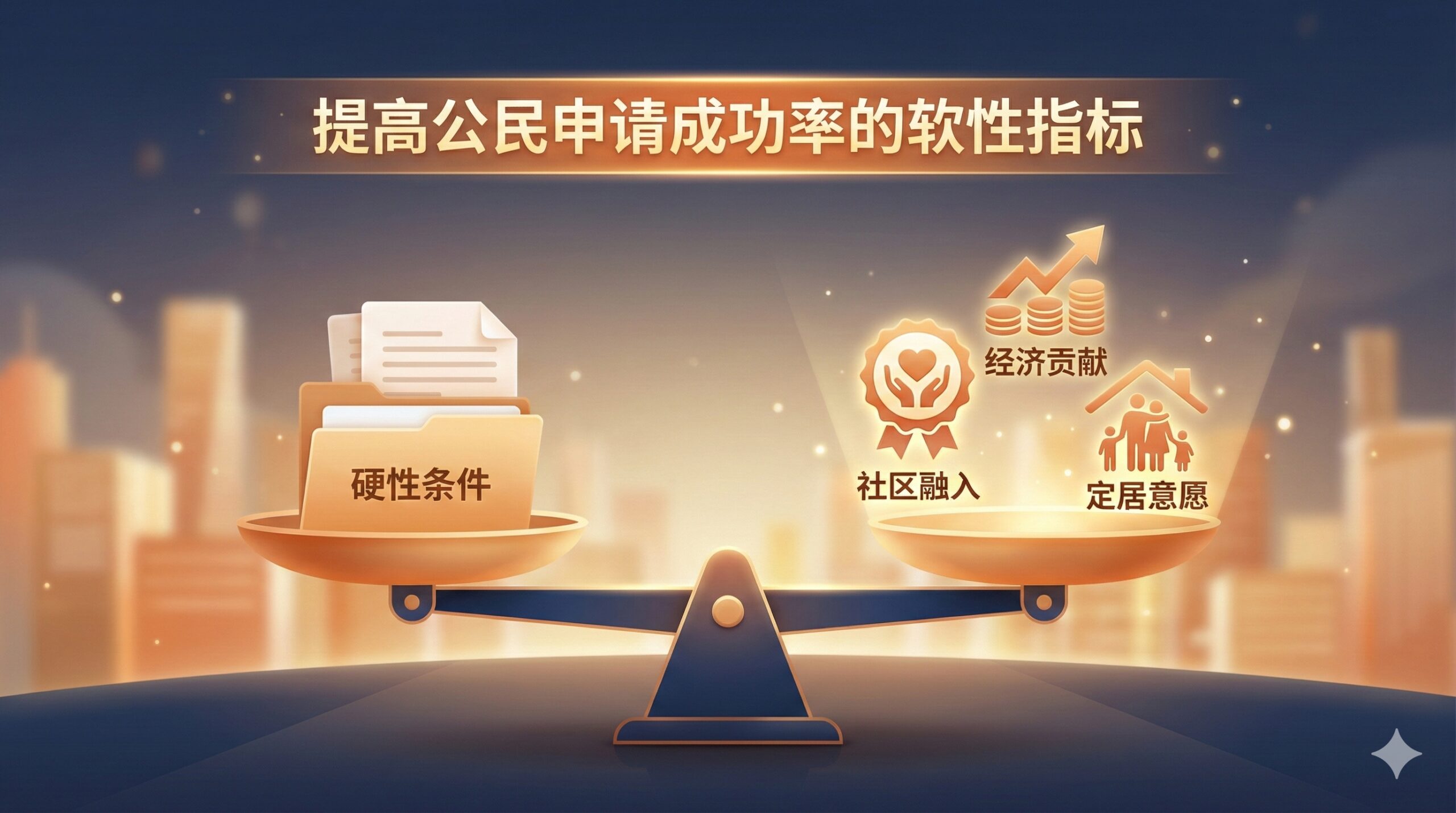 强调'提高公民申请成功率的软性指标'。画面中心是一个天平或放大镜,天平的一端是文件堆(代表硬性条件),另一端是抽象的符号:一个社区志愿者徽章(社会融入)、一个上升的箭头和钱币符号(经济贡献)、以及一个家庭拥抱的剪影(定居意愿)。色彩温暖、积极,如橙色和金色,传达'成功'与'加分'的积极信号。整体视觉风格应是现代商务插画或轻质感的3D渲染。