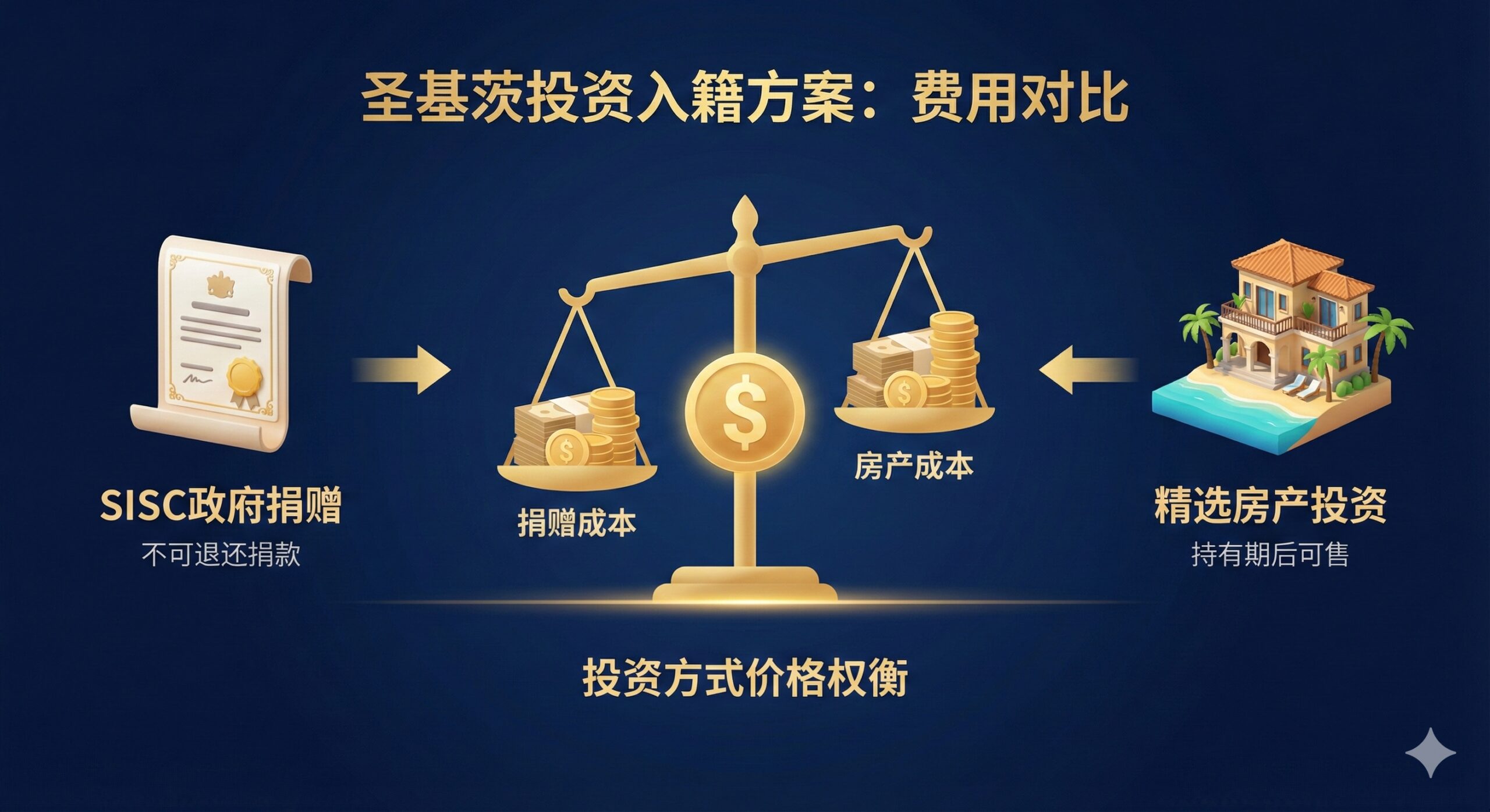 这是一张用于对比功能的图片，采用现代扁平化与3D结合的风格。画面左侧展示一个象征'SISC政府捐赠'的基金证书图标，右侧展示一栋加勒比海风格的'豪华海景别墅'，中间用一个金色的天平或美元符号连接，象征两种投资方式的价格权衡。色彩上使用深蓝色与金色的搭配，体现金融理财的严谨性。图像清晰展示了捐赠模式与房产模式的视觉差异，帮助用户直观理解文章中关于费用对比的内容。