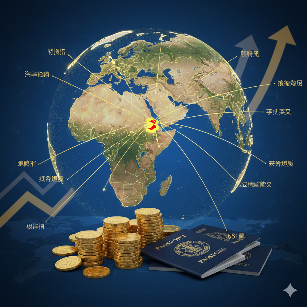 一张展示优势的概念图，画面中心是一个发光的地球仪，圣基茨岛屿位置被高亮显示，并延伸出多条金色的飞行航线连接至英国、欧盟等区域，象征免签通行优势。在地球仪下方，堆叠着金币和护照，寓意'高性价比'的投资回报。背景采用科技蓝渐变色，配以上升的趋势箭头，传达出以合理的价格获取全球通行自由的核心价值，呼应文章中关于护照含金量与价格的讨论。