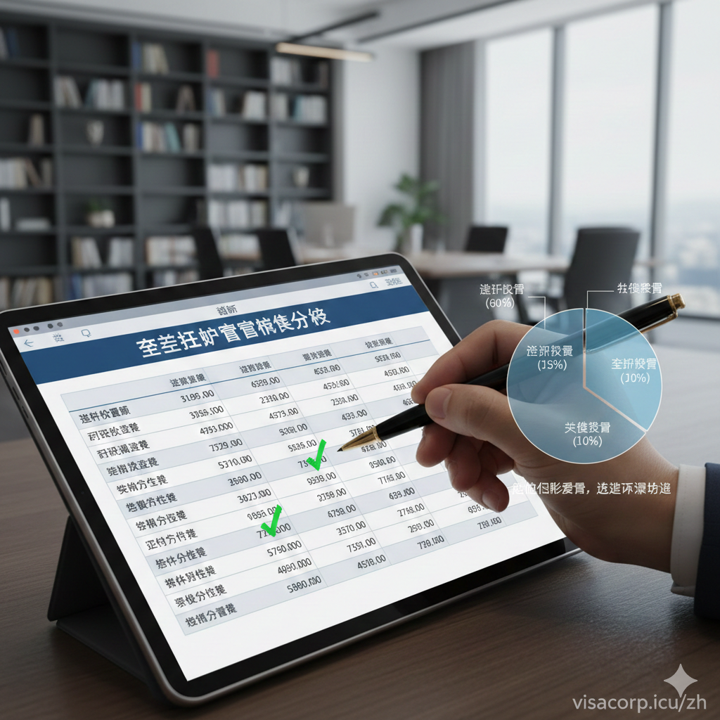 一张特写视角的教程类图片，展示一只握着高档钢笔的手正在平板电脑上勾选一份详细的'费用清单表格'。屏幕上浮现出半透明的饼图数据可视化元素，分别标注着'政府投资额'、'尽职调查费'、'律师费'等分项。背景是模糊的现代律所办公室环境，强调透明度和专业性。图片的焦点在于清单上的数字和勾选动作，旨在视觉化文章中关于'避免隐形费用'和'成本构成'的深度解析。