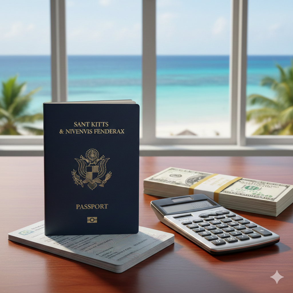 一张极具高端商务感的封面图片，核心焦点是一本清晰的圣基茨和尼维斯护照摆放在抛光的高级红木办公桌上。护照旁放置着一台精致的金融计算器和一叠整齐的美元现金，直观传达'投资入籍'和'价格成本'的概念。背景透过明亮的落地窗展示出加勒比海标志性的碧蓝海水和棕榈树，营造出商务与度假结合的奢华氛围。光线采用暖色调侧光，突出护照上的金烫文字，整体构图稳重大气，适合visacorp.icu的专业形象。