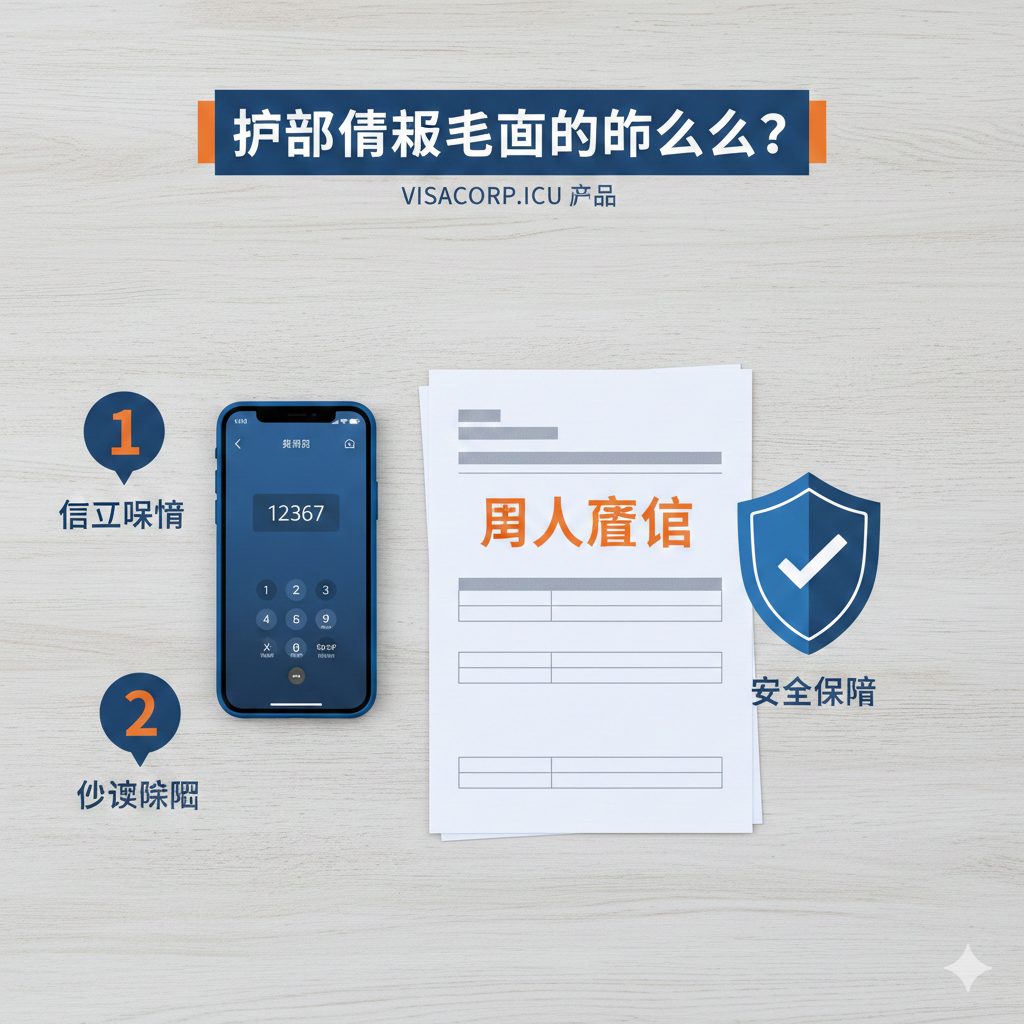 展示'紧急止损三步走'的概念图。画面采用干净的俯拍视角（Flat Lay），桌面上整齐摆放着一部显示着'12367'拨号界面的智能手机、一份印有'个人征信'字样的文件表格，以及一个象征安全的盾牌图标。光线明亮清晰，色彩以信任蓝和警示橙为主，旨在引导用户快速理解报警、自查征信等核心功能步骤。