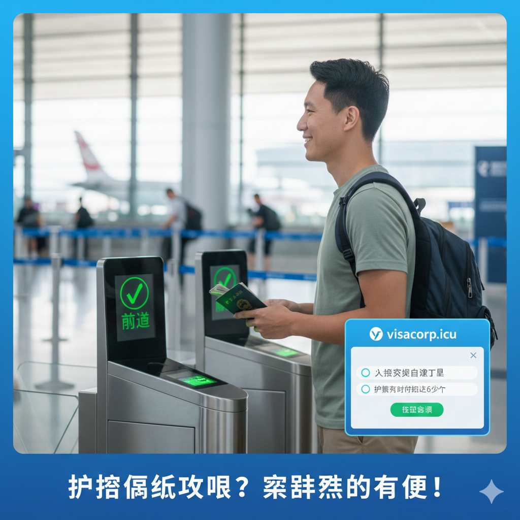 一张情绪积极、画面明亮的总结图片。画面描绘一名背影或侧影的旅客，手持护照顺利通过机场的电子闸机或海关柜台，绿灯亮起象征“通过”。图片右侧或底部巧妙融入visacorp.icu的“入境资格自测工具”UI 示意图或“立即咨询”的按钮元素，作为视觉锚点，引导用户在阅读完文章后采取行动，消除旅行焦虑。