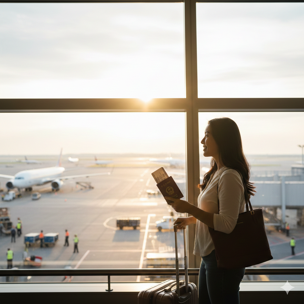 一张充满希望与生活气息的总结性图片。场景设定在纽约JFK机场的候机大厅，透过巨大的落地窗可以看到停机坪的飞机。前景是一位背影或侧影的华人旅客，手拉行李箱，手中拿着一本崭新的中国护照和登机牌，姿态轻松自信。阳光从窗外洒入，营造出温暖的金色调，象征着换证成功后的顺利出行，给用户传递安心、圆满的情绪价值。