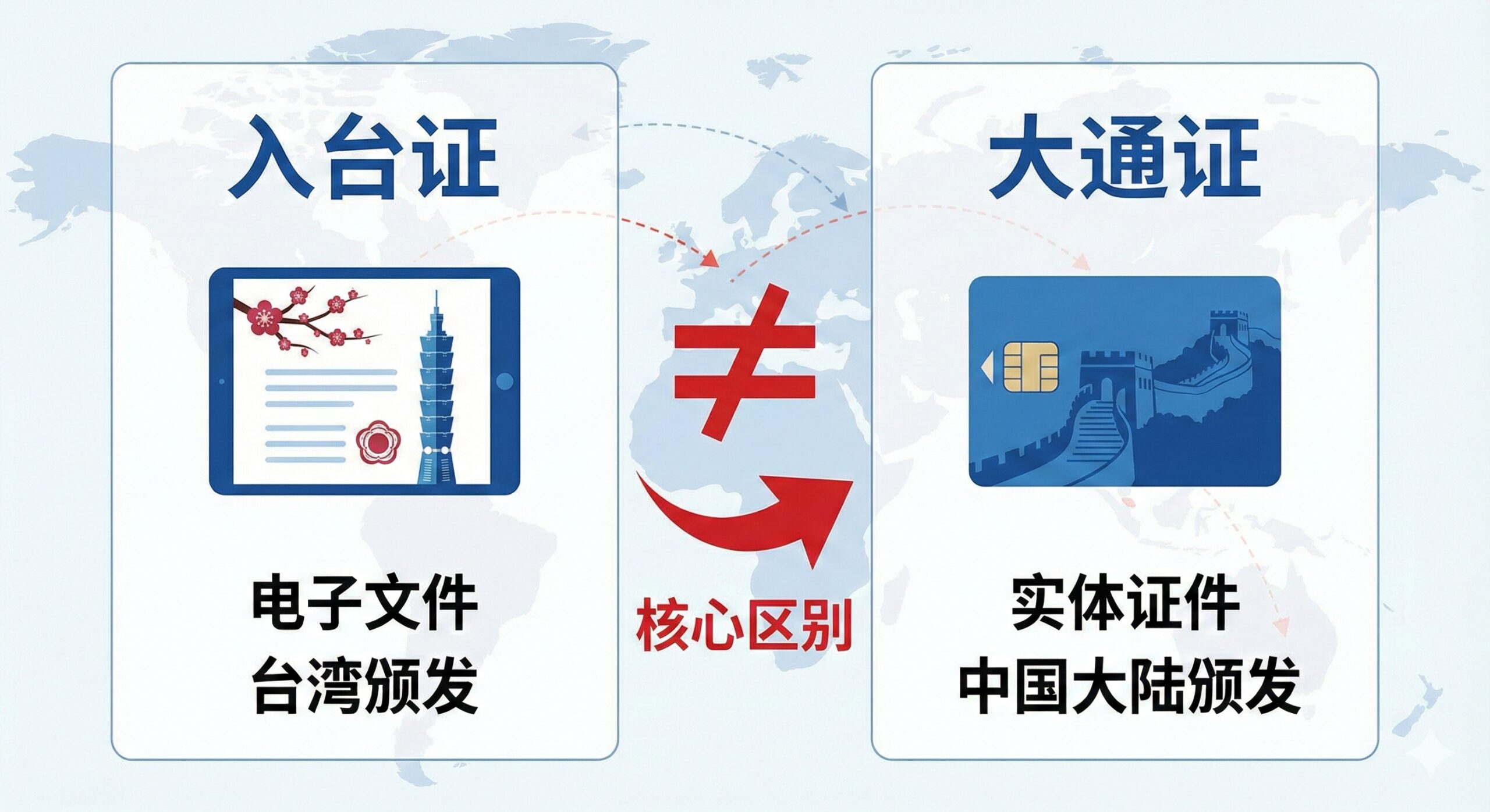 此图用于解释文章中“入台证 vs 大通证”的核心概念。画面以一个清晰的对比表格形式呈现，背景为浅色的世界地图或旅行路线图。左侧是一个标有'入台证'（Entry Permit）的电子文件图标，配以台湾的标志性图案（如梅花、101）。右侧是一个标有'大通证'（Exit & Entry Permit）的蓝色卡片或证件图标，配以中国大陆的元素（如长城剪影）。中间用一个醒目的“≠”符号或一个比较箭头，强调两者区别。色彩专业、简洁，主要采用蓝、白和少量的红，突出信息的专业性和准确性。