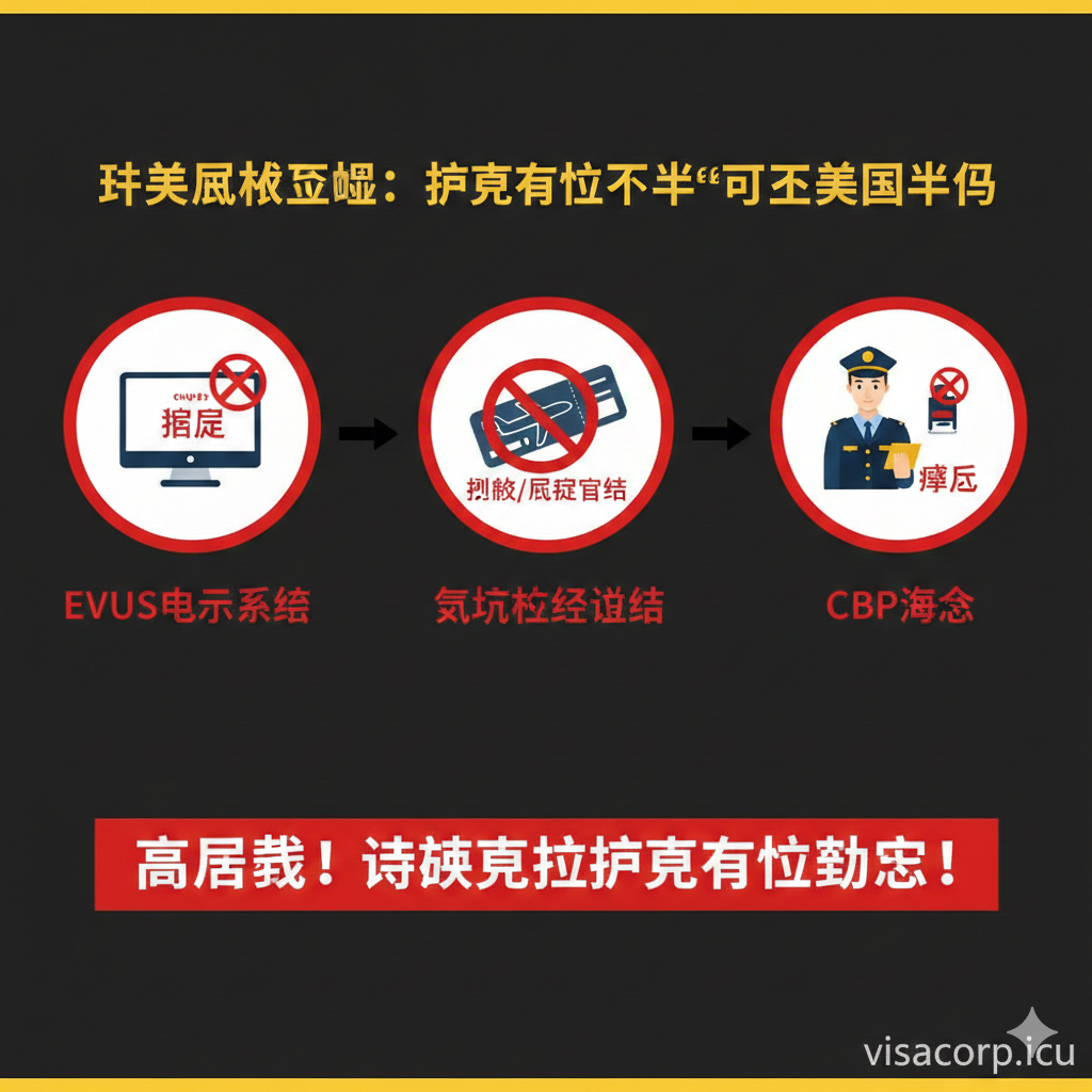 一张流程图或三步风险评估图，直观展示行程可能受阻的三个关键关卡。使用三个并列的图标和文字：1. 'EVUS'（图标：电脑/电子系统，配红色'拒绝'文字）；2. '航空公司值机'（图标：飞机/登机牌，配红色'罚款/拒绝登机'文字）；3. 'CBP海关'（图标：海关官员/护照，配红色'遣返'文字）。箭头表示流程，在每个环节都有醒目的停止或失败标志，视觉上强调风险和不确定性，配色采用警示性的黄黑或红白色。