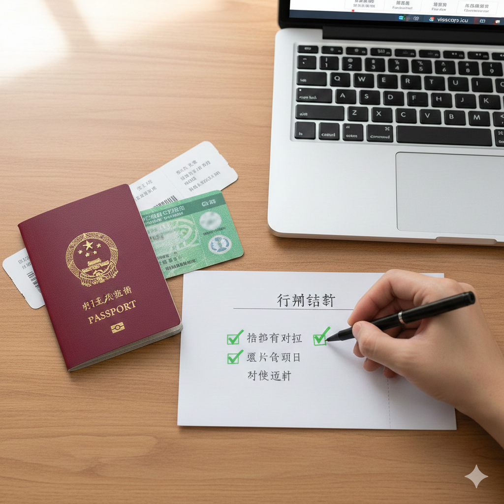 展示出行前文件检查的场景特写图，采用俯拍视角（Flat Lay）。木质桌面上整齐摆放着中国护照、美国绿卡、登机牌以及一张印有'Checklist'字样的清单。一只手正拿着笔在清单上勾选，重点突显'Passport Validity'（护照有效期）和'Green Card Date'（绿卡日期）。旁边放着一台笔记本电脑，屏幕模糊显示着签证查询界面。光线自然明亮，传递出严谨、细致的规划感，提醒用户注意证件有效期。