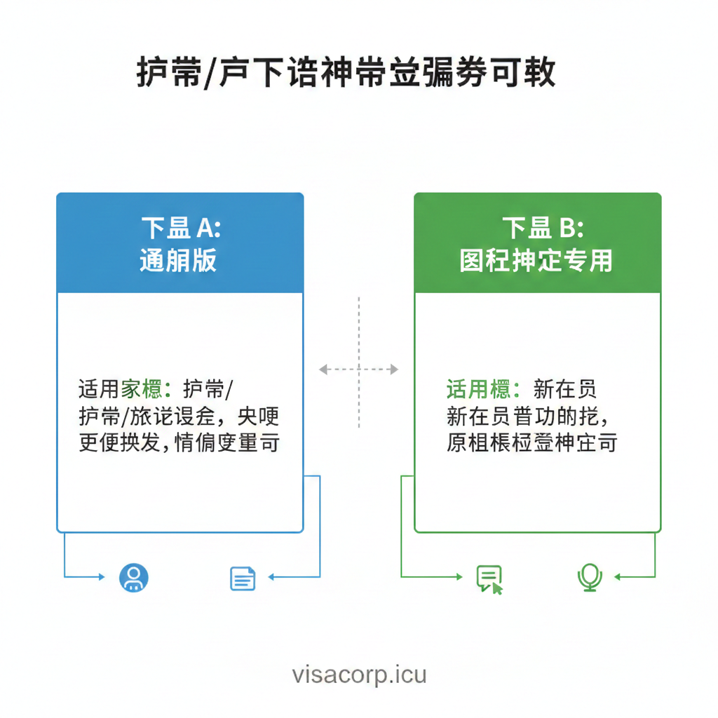 此图用于说明文章中提到的“表格 A：通用版”和“表格 B：国籍判定专用”的功能区别。画面应清晰地并列展示两份声明书的抽象图标或轮廓，用鲜明的颜色区分（如A为蓝色，B为绿色）。在每个表格下方，分别用中文简洁列出其适用场景，例如“遗失/过期”和“国籍判定/新生儿”。风格应是简洁的、信息图表式的（Infographic），配有箭头或虚线连接，突出两种表格的分类和适用人群，方便用户快速判断。