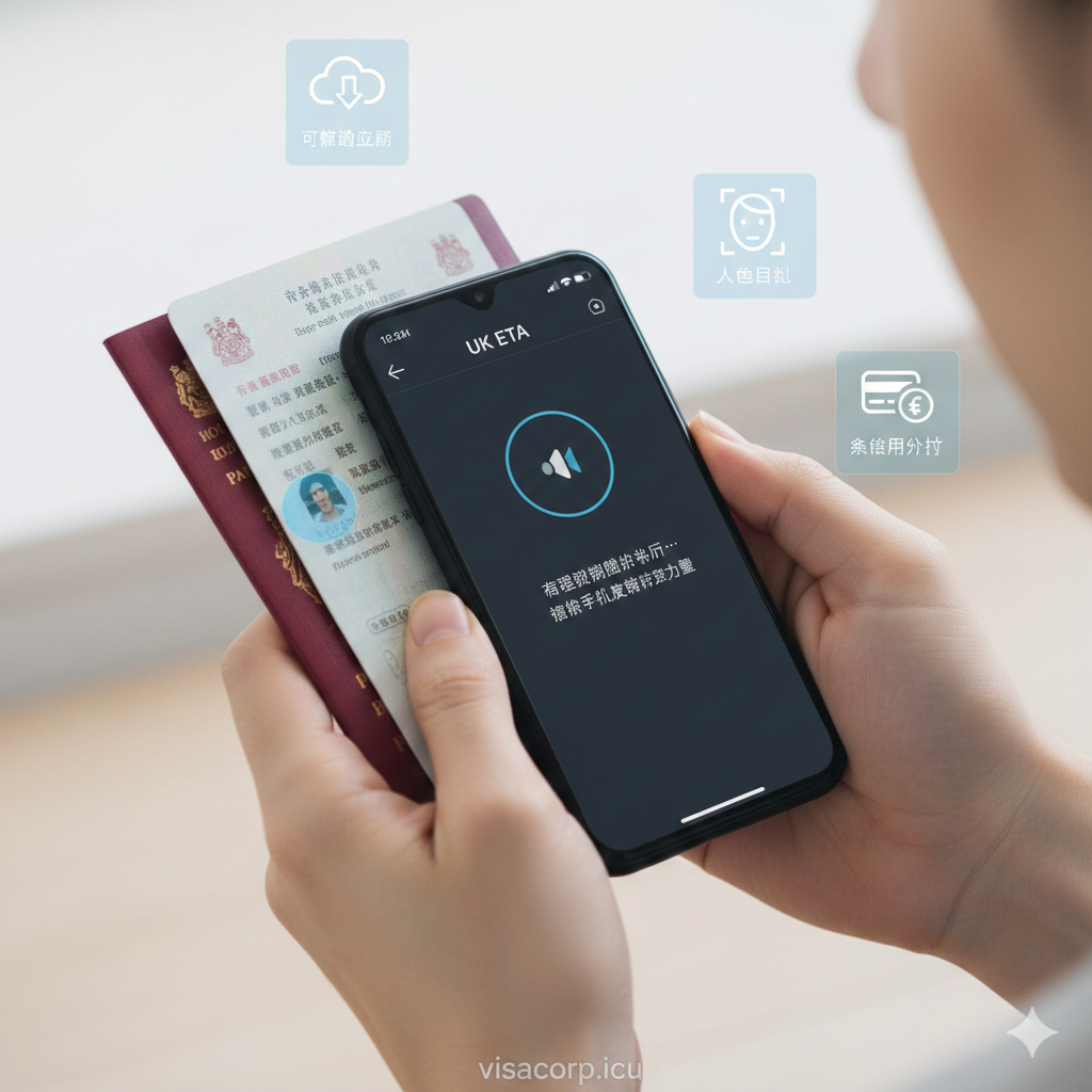 一张实用的教程操作图，视角为第一人称俯视或侧视。画面展示一双干净的手持握智能手机，手机屏幕上显示着'UK ETA'官方App的界面，正在进行护照芯片扫描（NFC读取）的步骤，手机背面紧贴一本打开的香港特区护照。周围漂浮着三个半透明的小图标，分别代表：1.下载App，2.人脸识别，3.信用卡支付。光线明亮清晰，背景模糊处理，聚焦于操作过程，帮助用户直观理解申请流程。