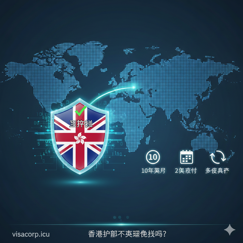展示英国电子旅行通行证（ETA）概念的特写图。画面核心是一个高科技风格的透明盾牌，盾牌中心有英国国旗元素和绿色的'APPROVED'（已批准）勾选标记。背景是数字化的世界地图，一条光线轨迹连接香港与英国。并在侧面以极简图标展示关键参数：£10英镑硬币符号、2年日历图标和多次入境标志。风格现代、简洁，强调数字化签证的便捷与安全特性。