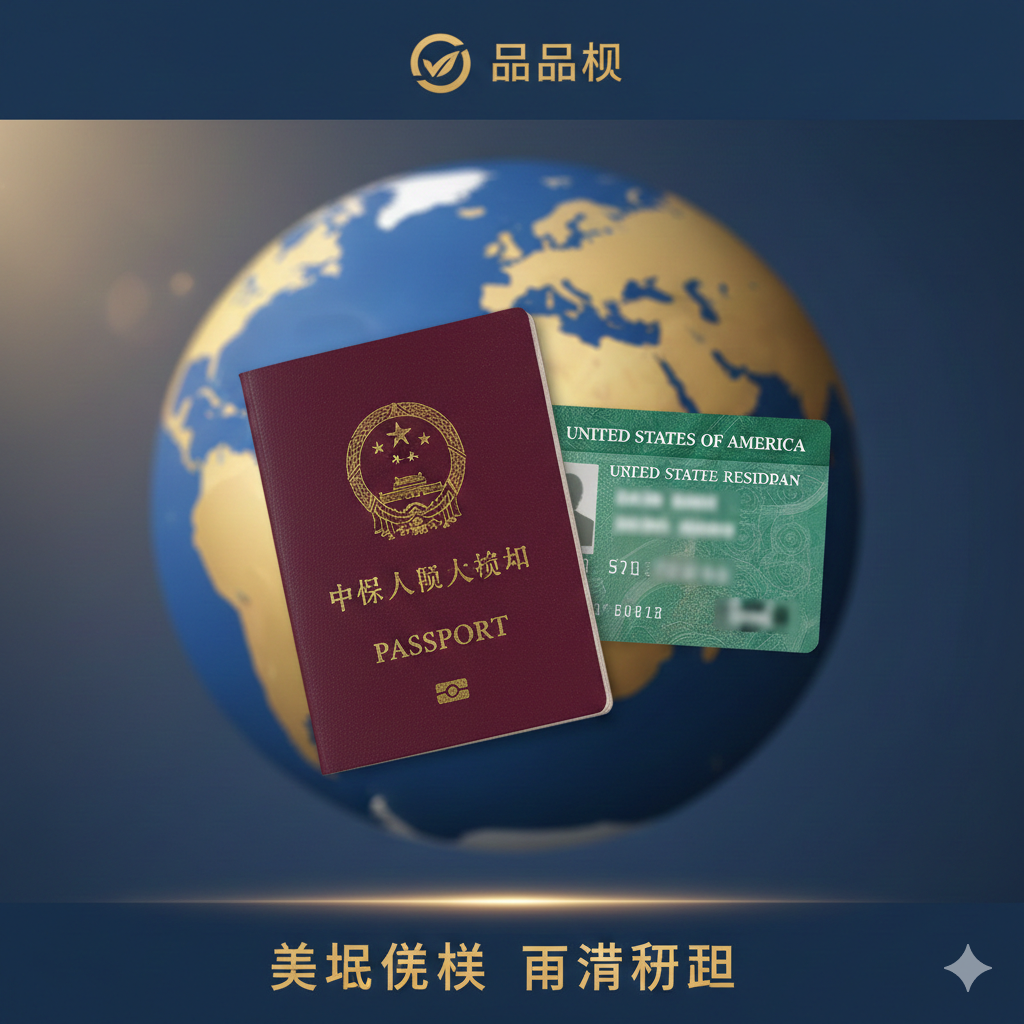 一张极具视觉冲击力的封面图，画面中心清晰展示了一本深红色的中国护照和一张美国永久居民卡（绿卡）并排摆放，背景是一张虚化的世界地图或地球仪，象征着全球通行。光线明亮柔和，营造出高端、自由的旅行氛围。画面上方留有空间，适合叠加'visacorp.icu'品牌标识，整体色调采用专业的商务蓝与暖金色的结合，寓意高含金量的身份与广阔的旅行前景。
