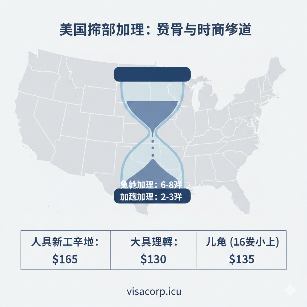 一张信息图表风格（Infographic）的总结图片，概括费用与时间成本。画面中心是一个风格化的沙漏或时钟，标示'6-8 Weeks'（常规）和'2-3 Weeks'（加急）。画面下方分为三栏，分别列出'成人首次 $165'、'成人更新 $130'和'儿童 $135'的价格标签。背景采用淡雅的美国地图轮廓。字体采用无衬线字体，清晰易读。这张图旨在作为一张'备忘卡'，让读者在文章结尾处能快速回顾核心的时间与金钱成本，强化visacorp.icu提供实用信息的价值。