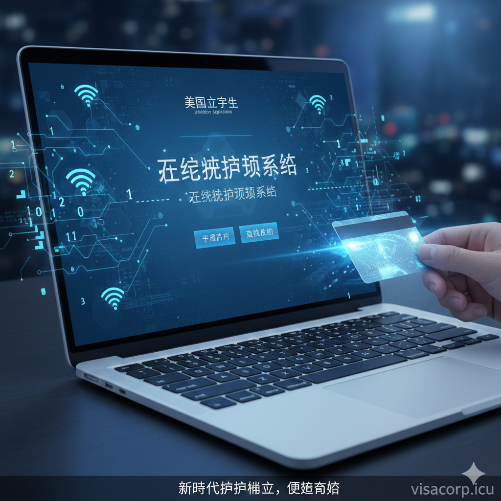 一张展示'在线护照更新系统'这一蓝海机会的科技感图片。画面特写一台打开的笔记本电脑或平板电脑，屏幕上显示着美国国务院（State Department）的官方在线申请界面，带有'Upload Photo'和'Pay Online'的按钮。一只手正拿着信用卡在键盘旁，象征支付便捷。屏幕周围环绕着发光的数字线条或WiFi信号图标，寓意无纸化、高效率的数字化操作流程。整体色调偏向科技蓝（Tech Blue），强调这是2025年的新趋势和相对于传统邮寄方式的巨大优势。