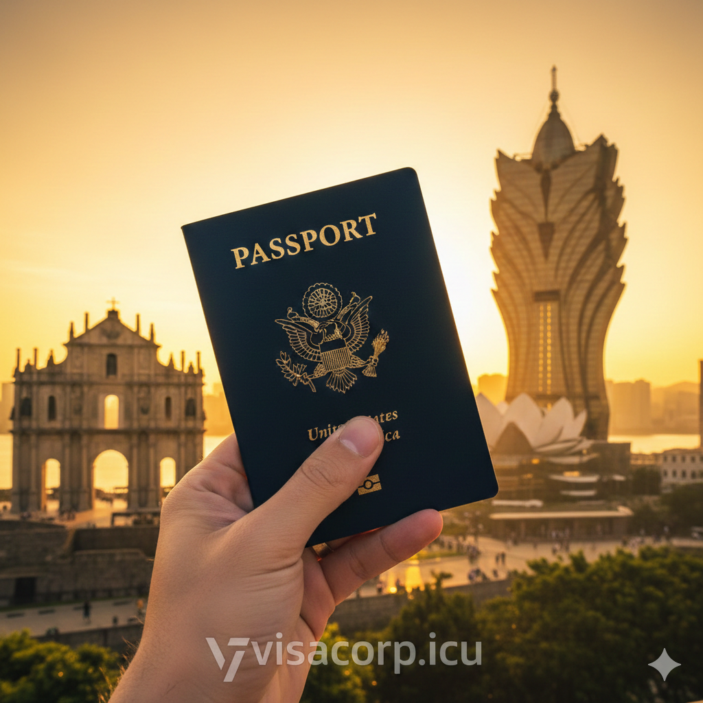 一张极具吸引力的旅游指南封面图片。画面前景清晰地展示一本美国护照，放置在旅行者的手中。背景则是澳门标志性的城市天际线，完美融合了古老的'大三巴牌坊'和现代奢华的'新葡京酒店'建筑。光线采用温暖的日落金光，营造出高端、顺利的旅行氛围。构图中心留有适当空间，暗示着'免签入境'的主题，整体风格专业且令人向往，适合作为visacorp.icu的权威指南封面。